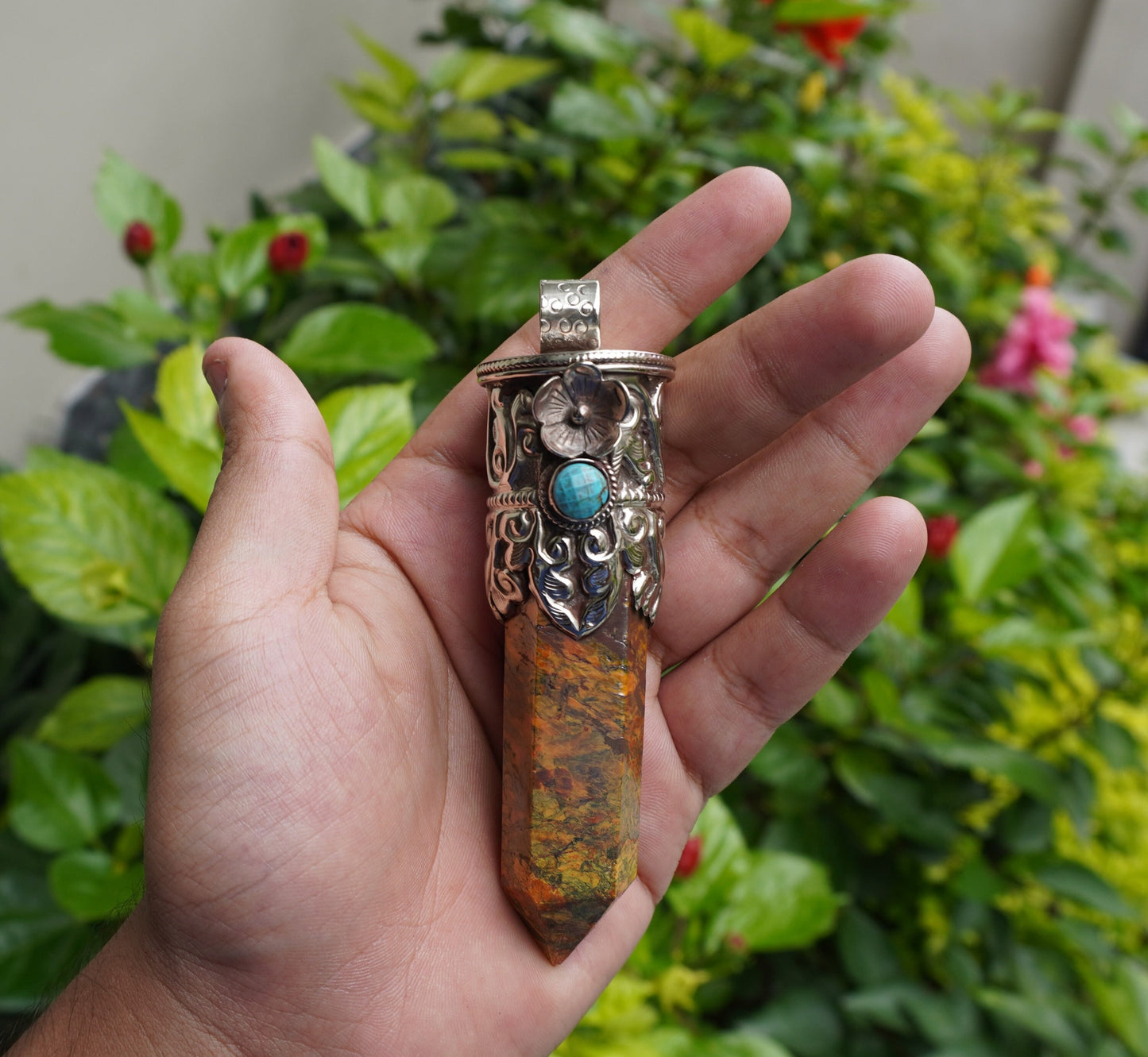 Earthy Elegance: Long Natural Yellow Jasper Tower Pendant with Turquoise Adornment, Natural Beauty, Pointed Pendant, Perfect Gift.