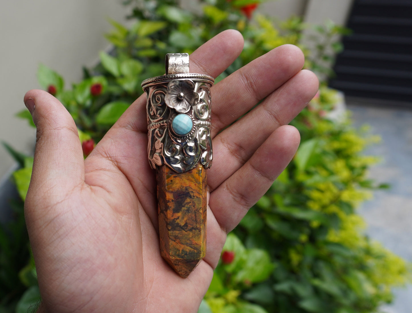 Earthy Elegance: Long Natural Yellow Jasper Tower Pendant with Turquoise Adornment, Natural Beauty, Pointed Pendant, Perfect Gift.