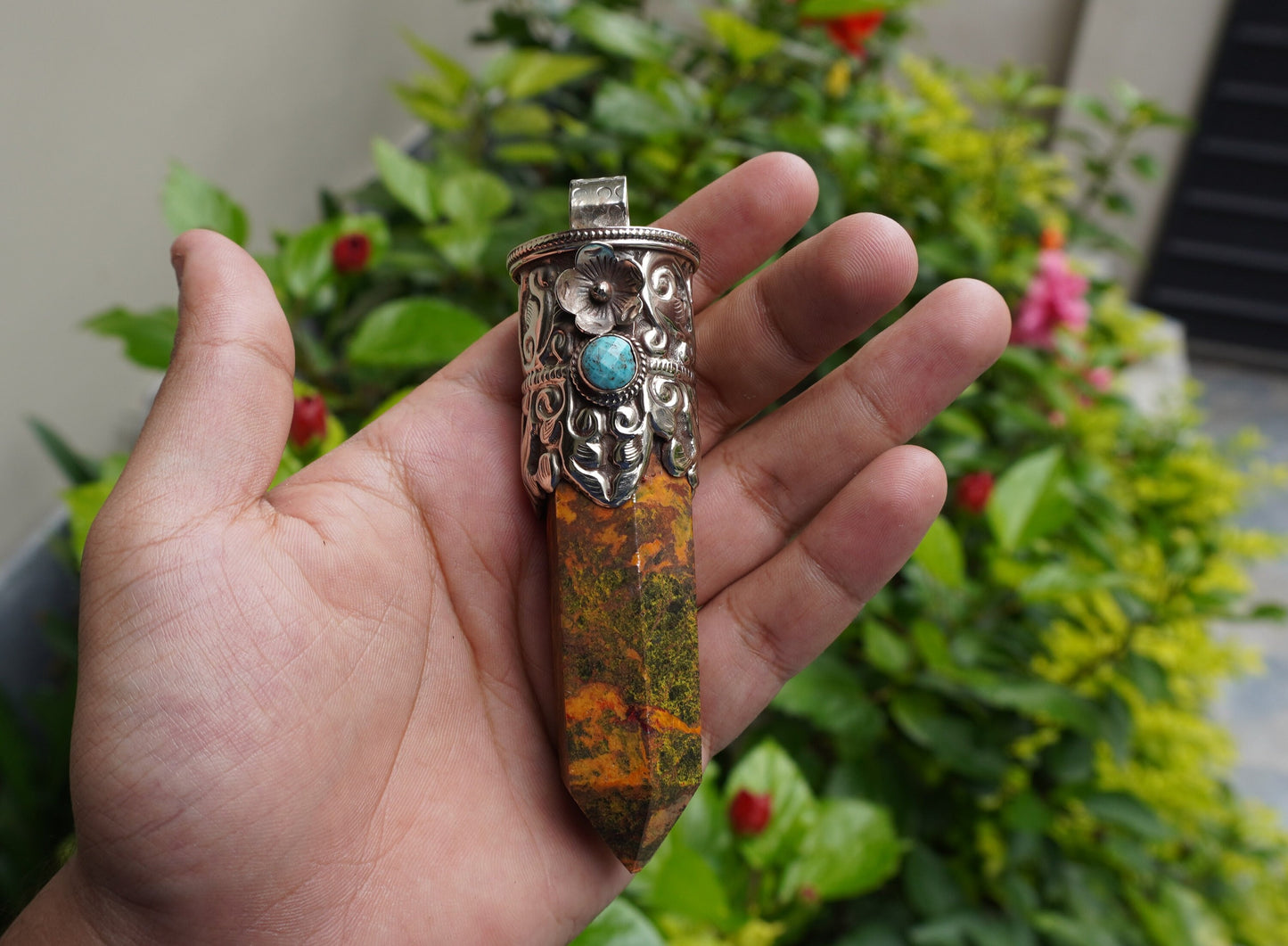 Earthy Elegance: Long Natural Yellow Jasper Tower Pendant with Turquoise Adornment, Natural Beauty, Pointed Pendant, Perfect Gift.