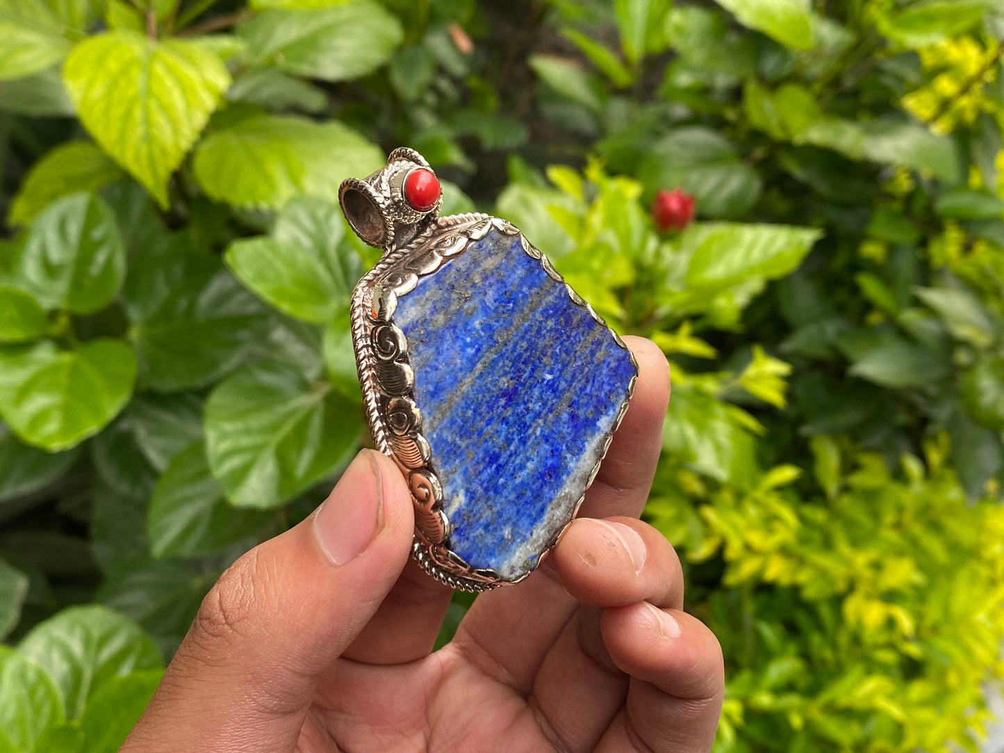 Earthy Style Raw Lapis Pendant adorned with Red coral and Tibetan Silver, Unique pendant for Daily wear, Handmade Floral Design, Positivity.