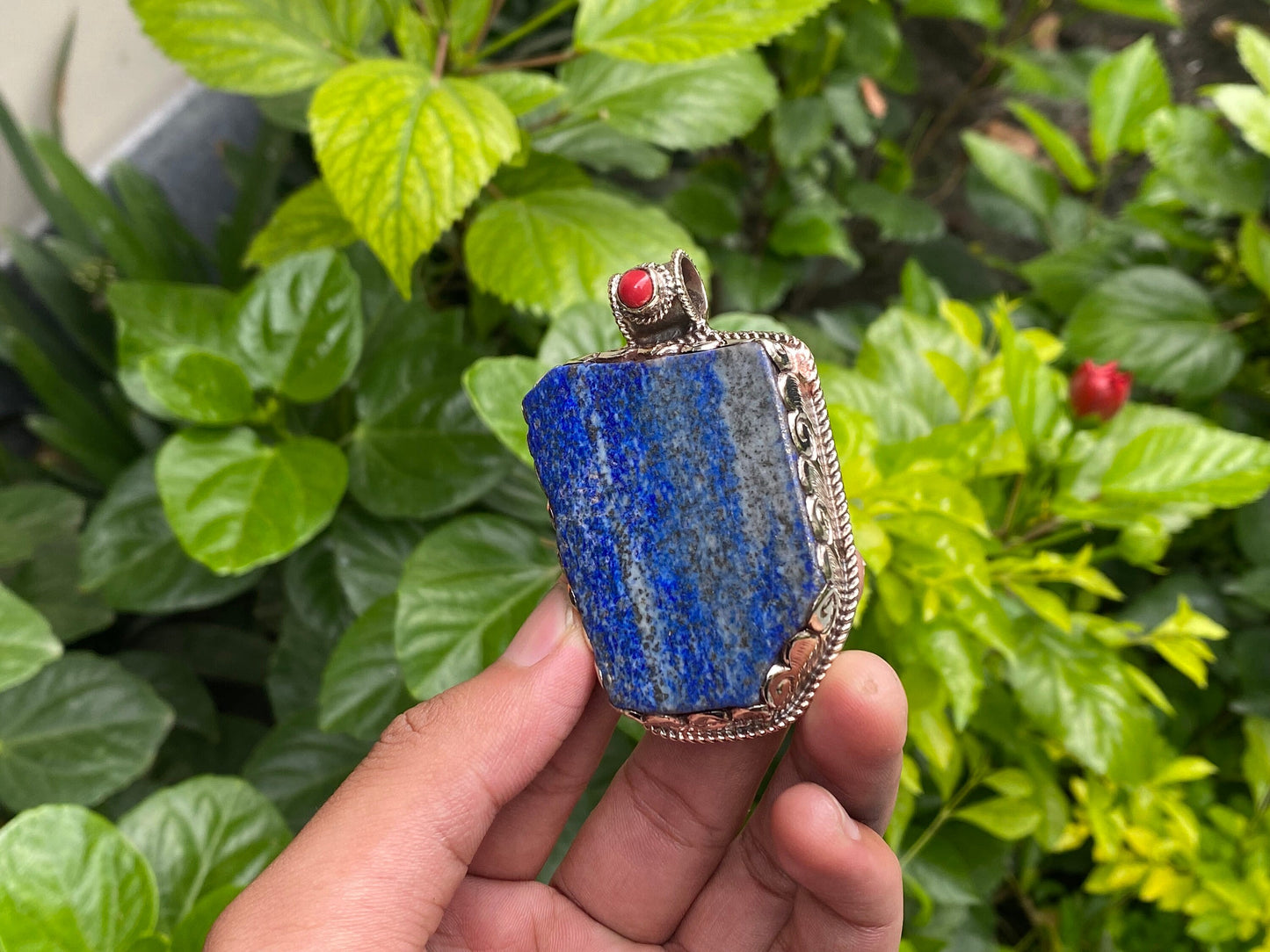 Earthy Style Raw Lapis Pendant adorned with Red coral and Tibetan Silver, Unique pendant for Daily wear, Handmade Floral Design, Positivity.