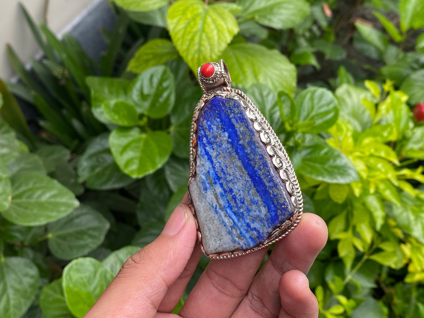 Earthy Style Raw Lapis Pendant adorned with Red coral and Tibetan Silver, Unique pendant for Daily wear, Handmade Floral Design, Positivity.