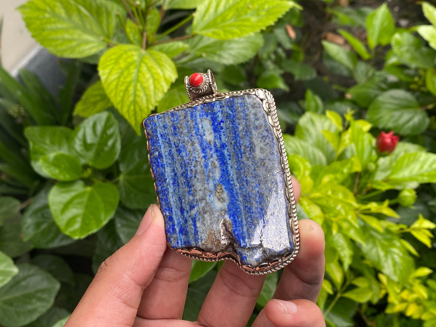Earthy Style Raw Lapis Pendant adorned with Red coral and Tibetan Silver, Unique pendant for Daily wear, Handmade Floral Design, Positivity.