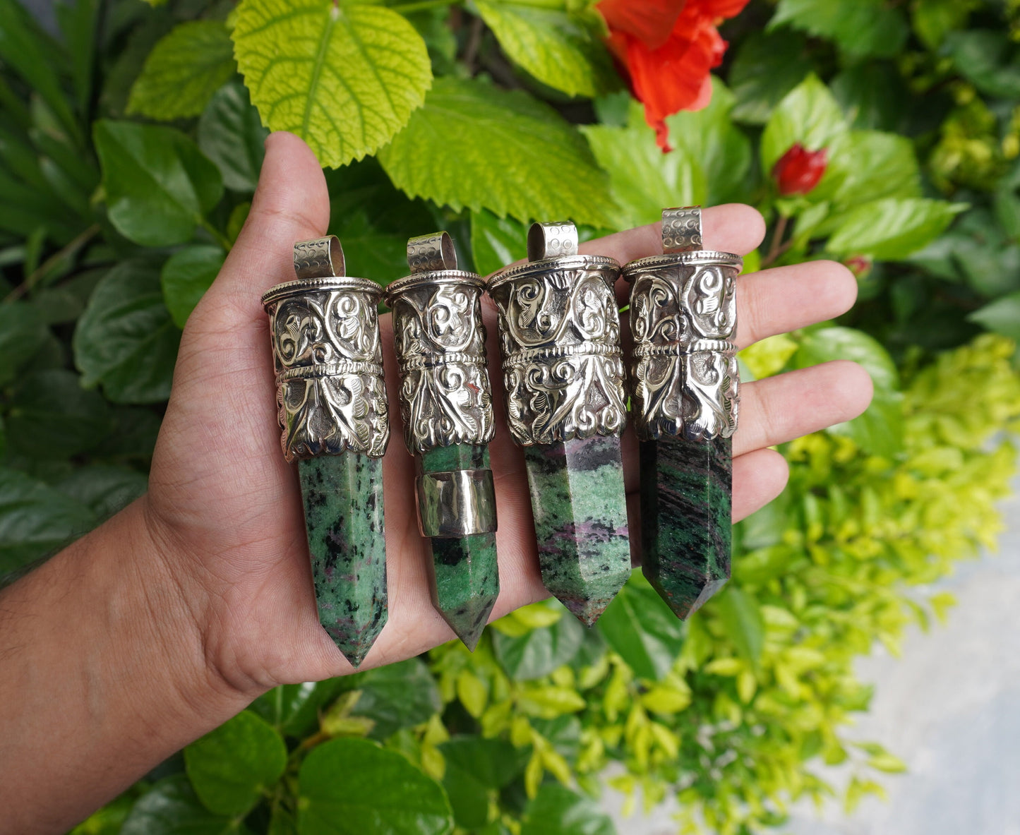 Earthy Treasure: African Ruby Zoisite Stone Pendant for Daily Wear, Unique Pointed Pendant, Hammered Pendant, Boho Inspired Jewelry