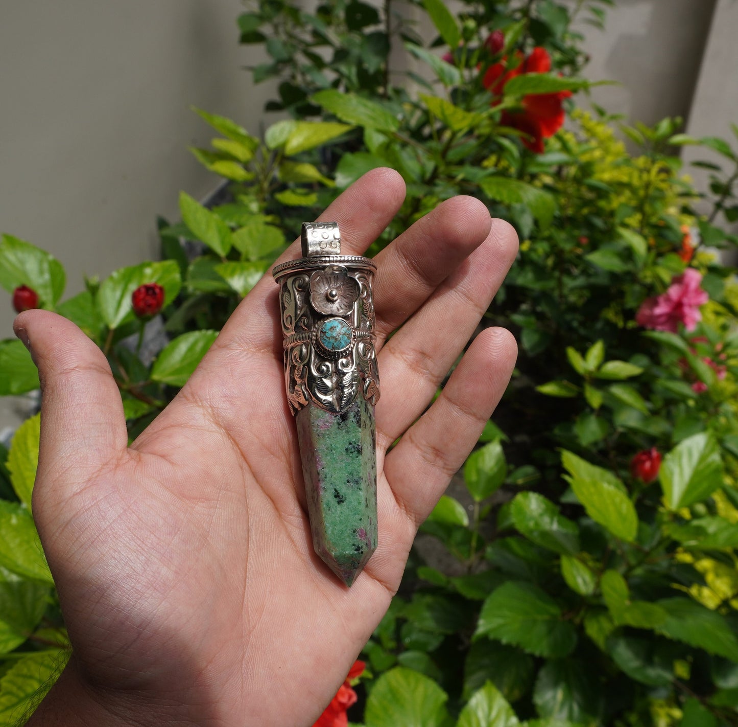 Earthy Treasure: African Ruby Zoisite Stone Pendant for Daily Wear, Unique Pointed Pendant, Hammered Pendant, Boho Inspired Jewelry