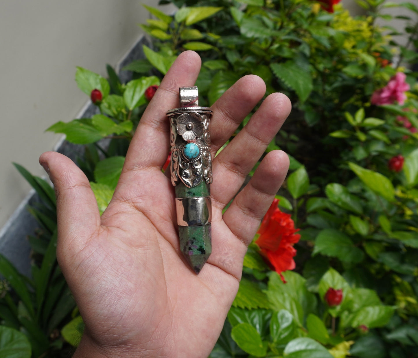 Earthy Treasure: African Ruby Zoisite Stone Pendant for Daily Wear, Unique Pointed Pendant, Hammered Pendant, Boho Inspired Jewelry