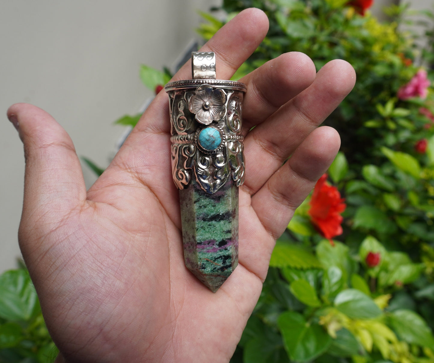 Earthy Treasure: African Ruby Zoisite Stone Pendant for Daily Wear, Unique Pointed Pendant, Hammered Pendant, Boho Inspired Jewelry