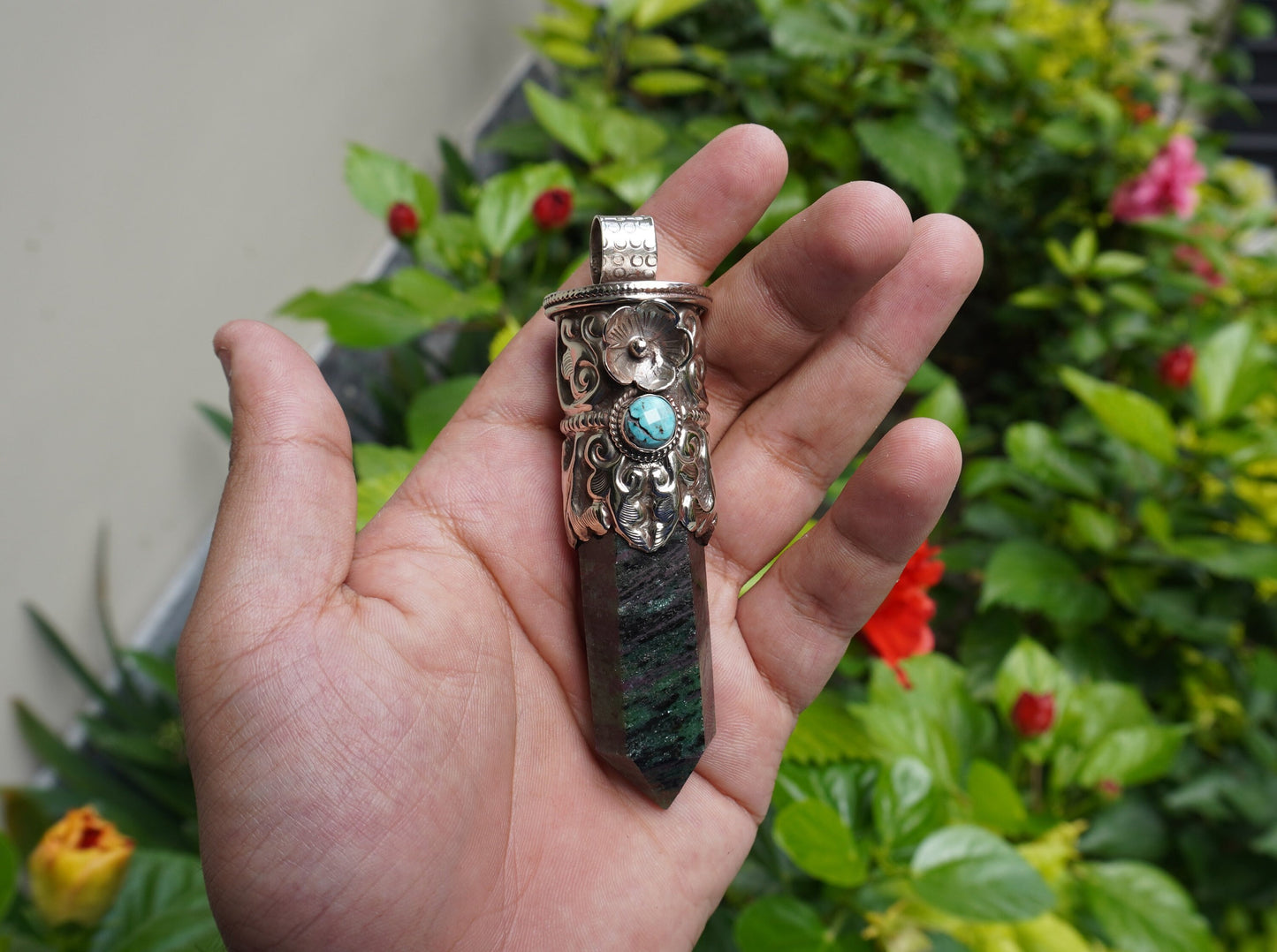 Earthy Treasure: African Ruby Zoisite Stone Pendant for Daily Wear, Unique Pointed Pendant, Hammered Pendant, Boho Inspired Jewelry