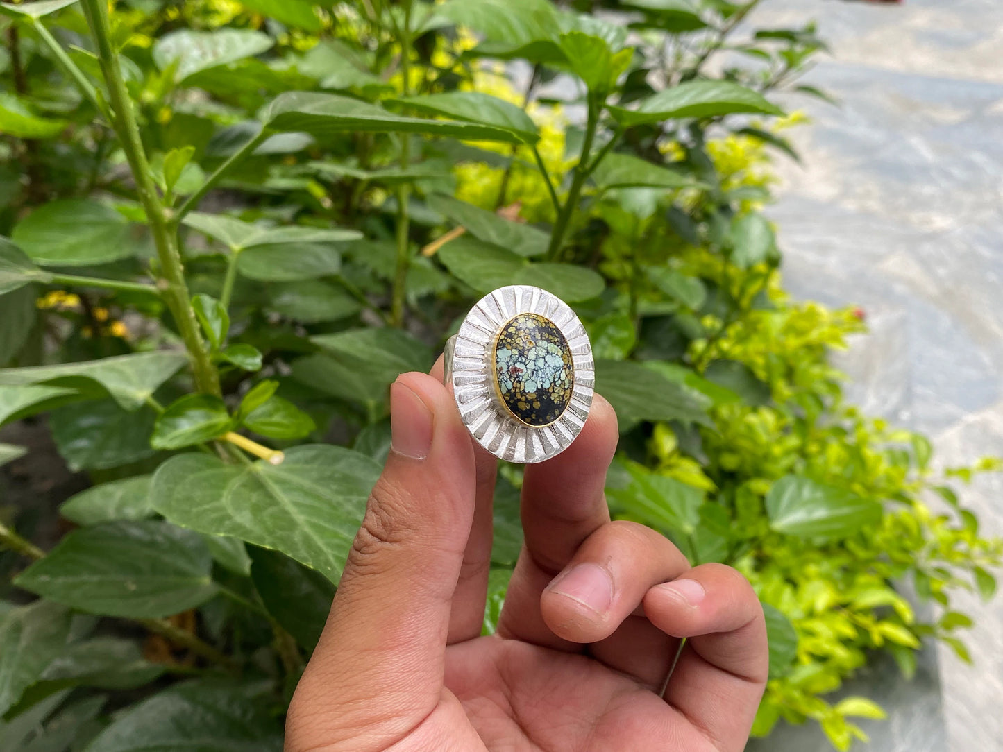 Elegant Adjustable Two Tone Ring - Hammered Design, Daily Wear, Healing Turquoise adorned Ring, Perfect gift idea, Gold and Silver overlay.