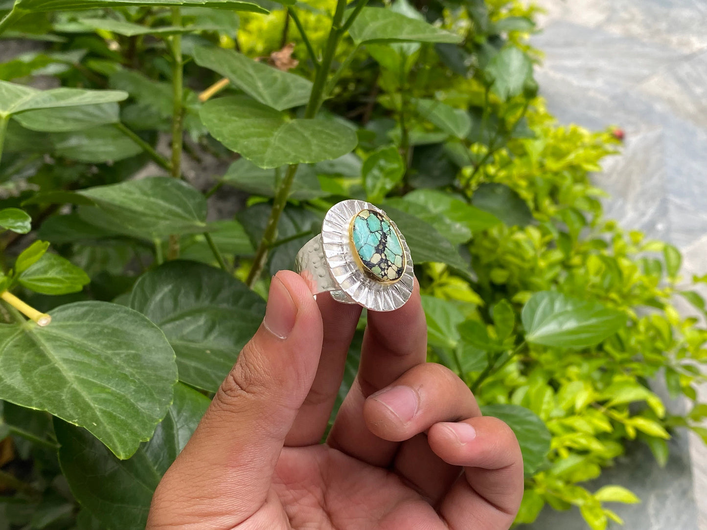 Elegant Adjustable Two Tone Ring - Hammered Design, Daily Wear, Healing Turquoise adorned Ring, Perfect gift idea, Gold and Silver overlay.