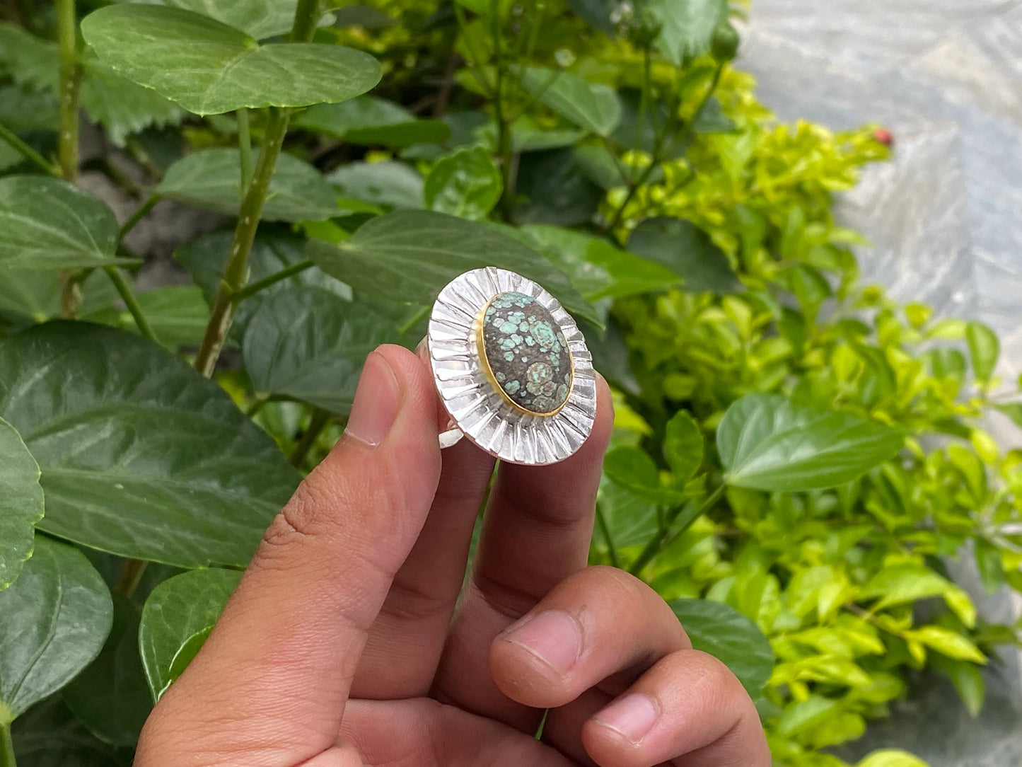 Elegant Adjustable Two Tone Ring - Hammered Design, Daily Wear, Healing Turquoise adorned Ring, Perfect gift idea, Gold and Silver overlay.