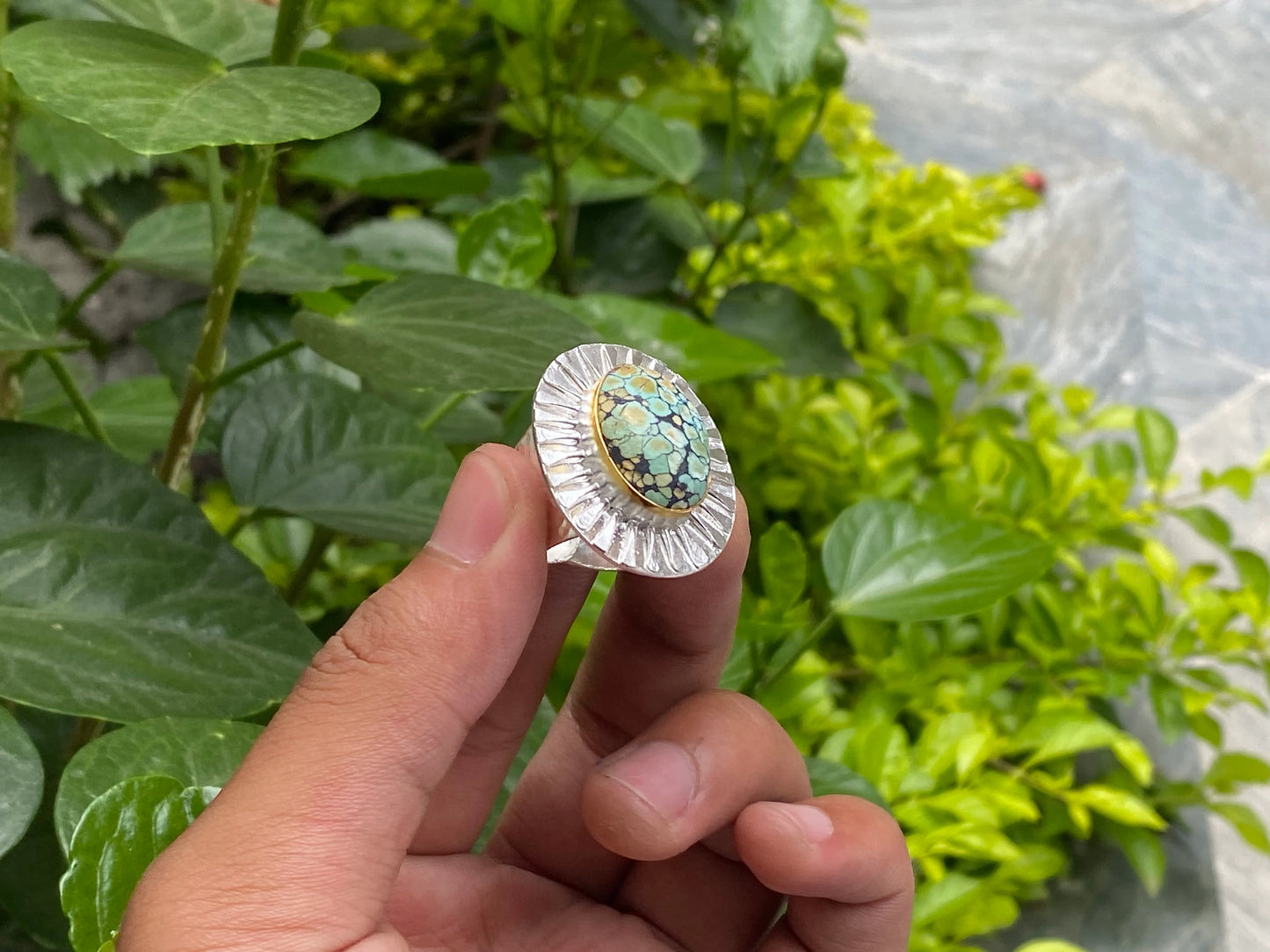 Elegant Adjustable Two Tone Ring - Hammered Design, Daily Wear, Healing Turquoise adorned Ring, Perfect gift idea, Gold and Silver overlay.