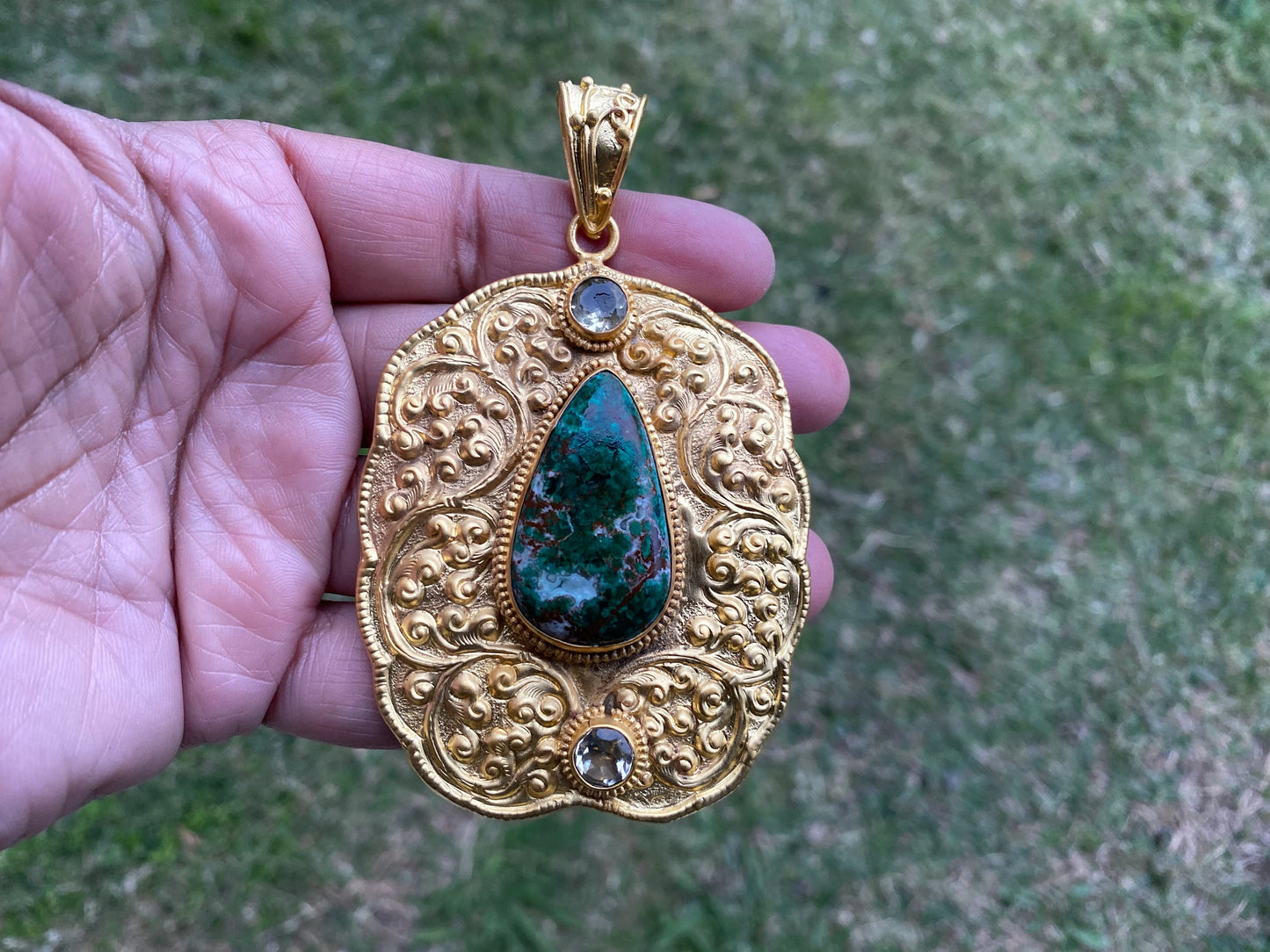 Chrysocolla Natural Stone, Non Tarnish Brushed Gold Overlay, Elegant Jewelry, Luxury Pendant, Unique Stone Statement Piece, Jewelry Gift