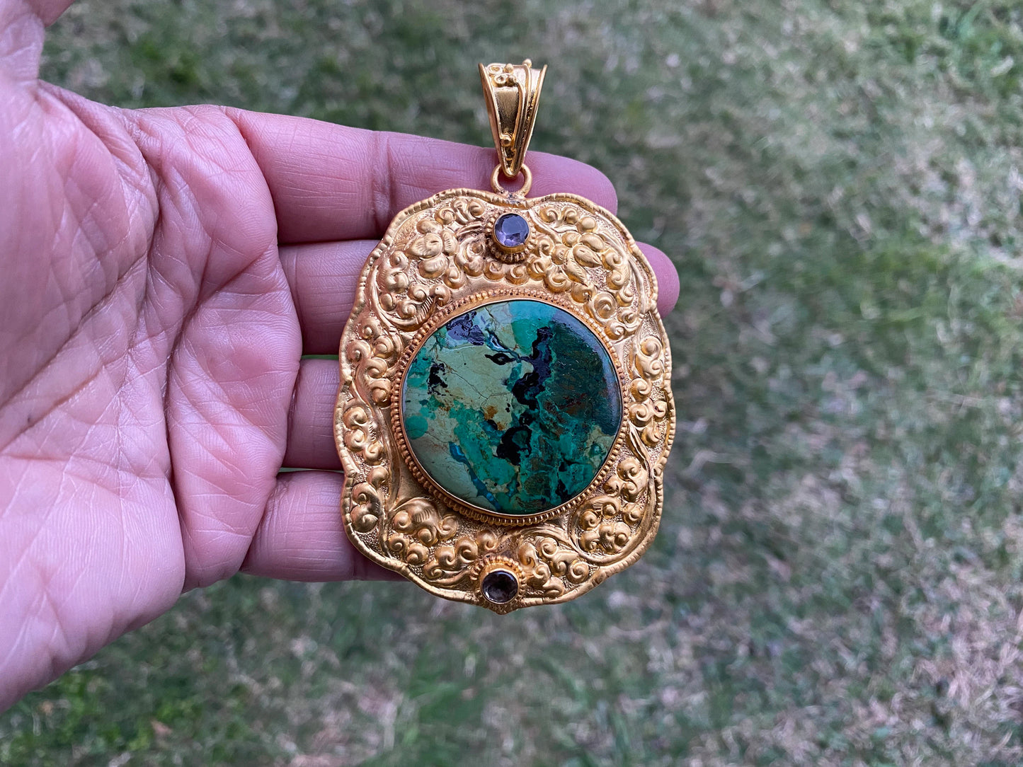 Chrysocolla Natural Stone, Non Tarnish Brushed Gold Overlay, Elegant Jewelry, Luxury Pendant, Unique Stone Statement Piece, Jewelry Gift