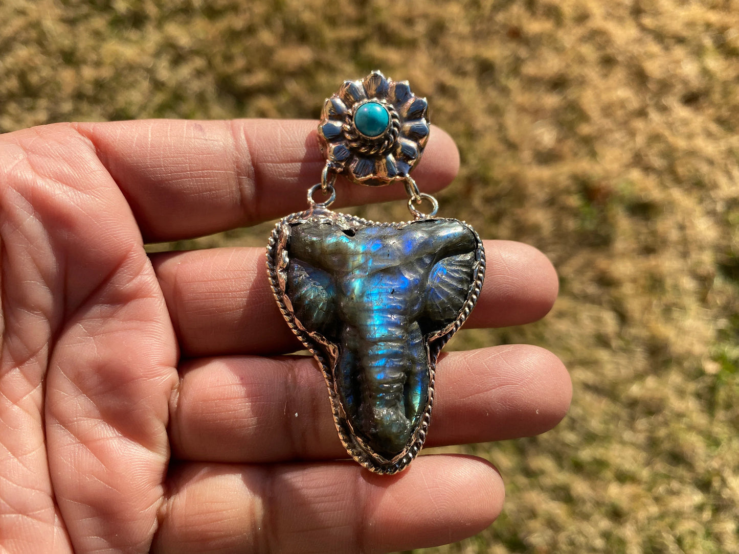 Hand Carved Elephant Head Labradorite with Turquoise Tibetan Silver Pendant, Elephant Pendant for Necklace, Blue Labradorite, Animal Pendant