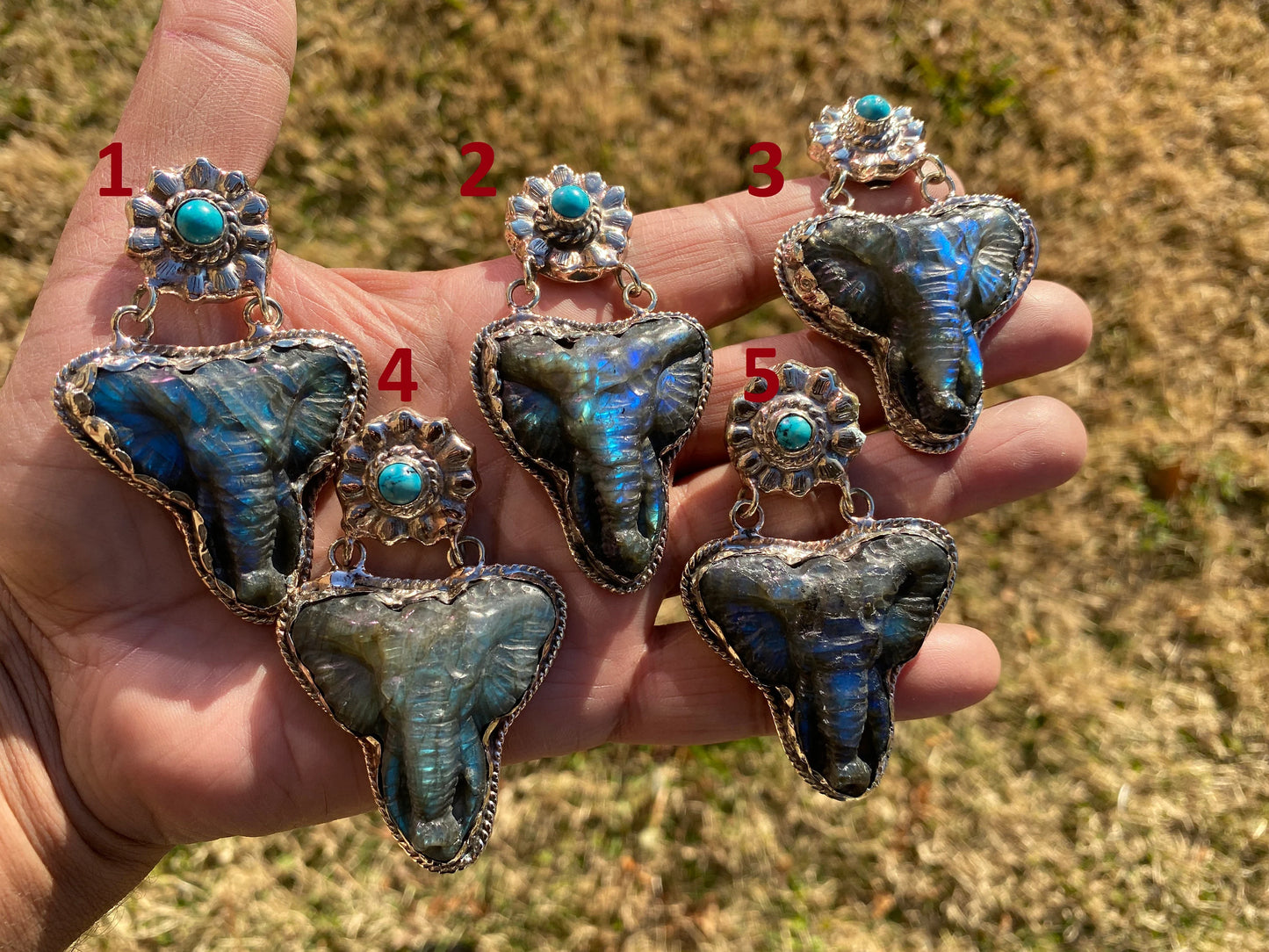 Hand Carved Elephant Head Labradorite with Turquoise Tibetan Silver Pendant, Elephant Pendant for Necklace, Blue Labradorite, Animal Pendant