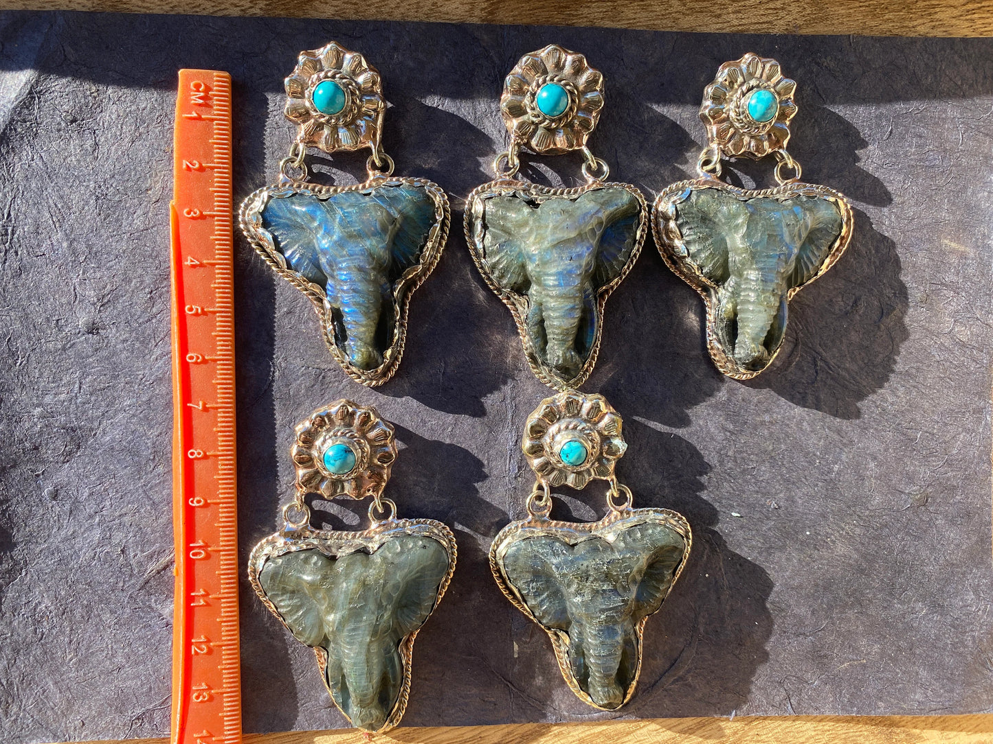 Hand Carved Elephant Head Labradorite with Turquoise Tibetan Silver Pendant, Elephant Pendant for Necklace, Blue Labradorite, Animal Pendant