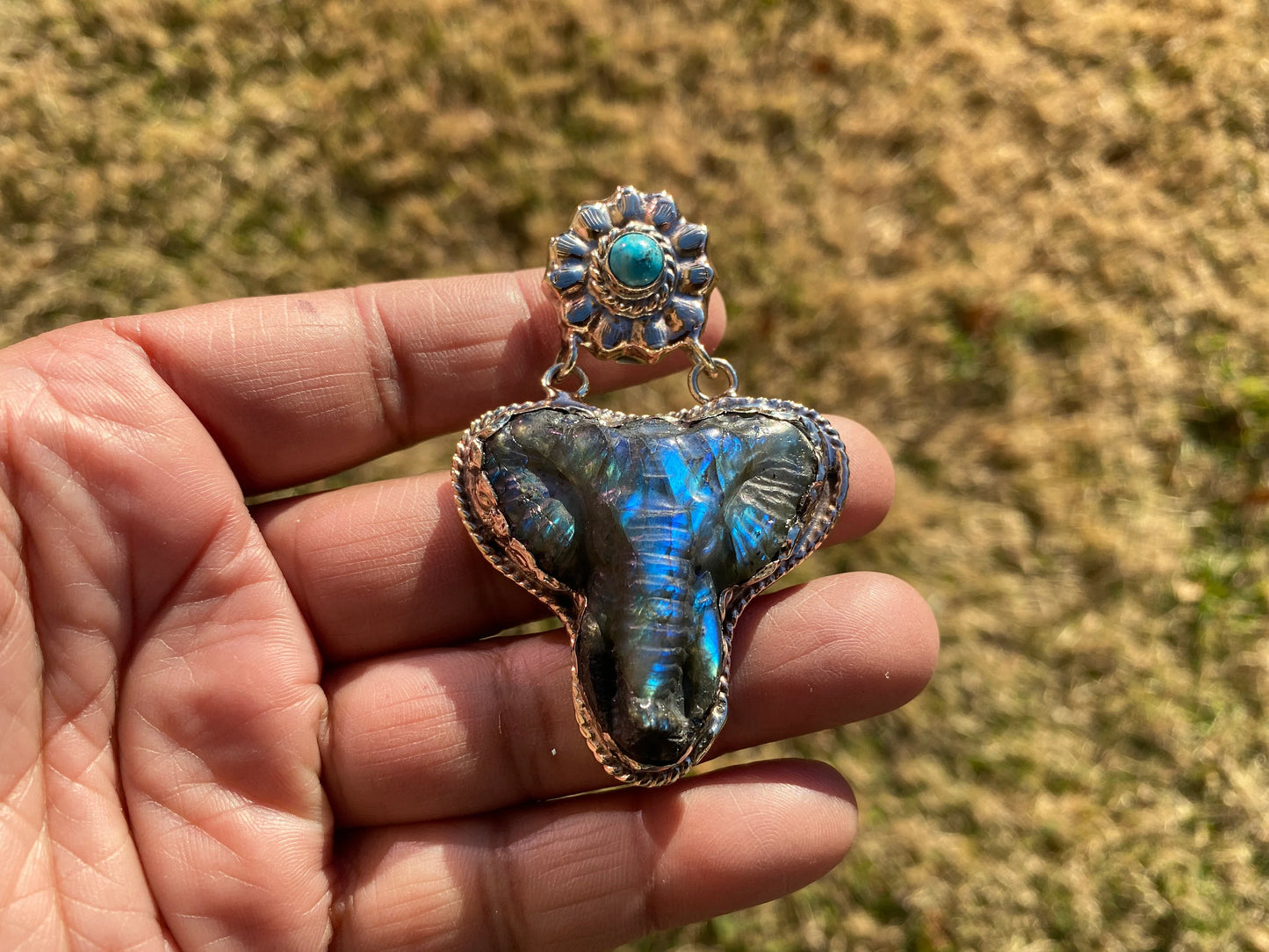 Hand Carved Elephant Head Labradorite with Turquoise Tibetan Silver Pendant, Elephant Pendant for Necklace, Blue Labradorite, Animal Pendant
