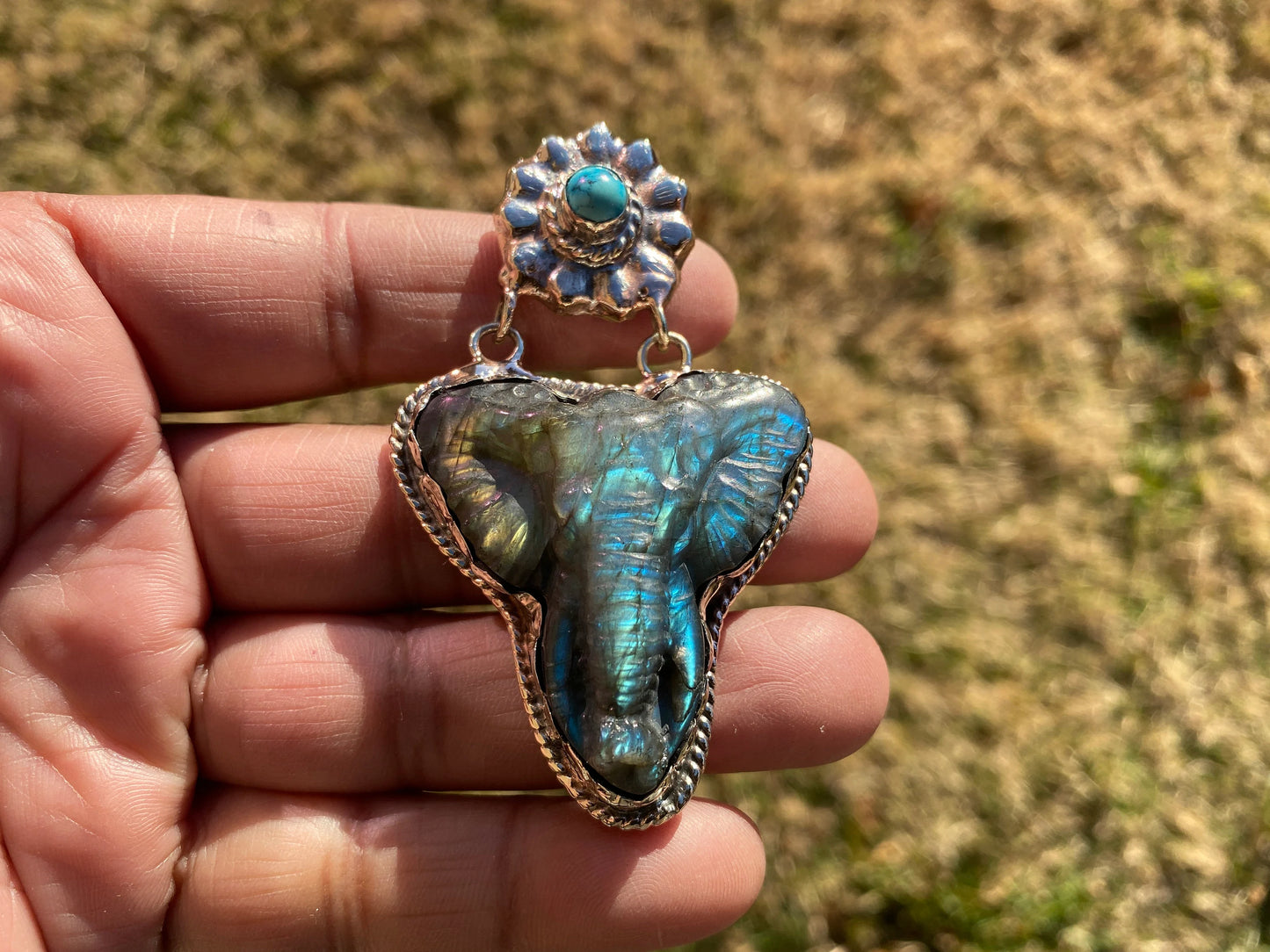 Hand Carved Elephant Head Labradorite with Turquoise Tibetan Silver Pendant, Elephant Pendant for Necklace, Blue Labradorite, Animal Pendant