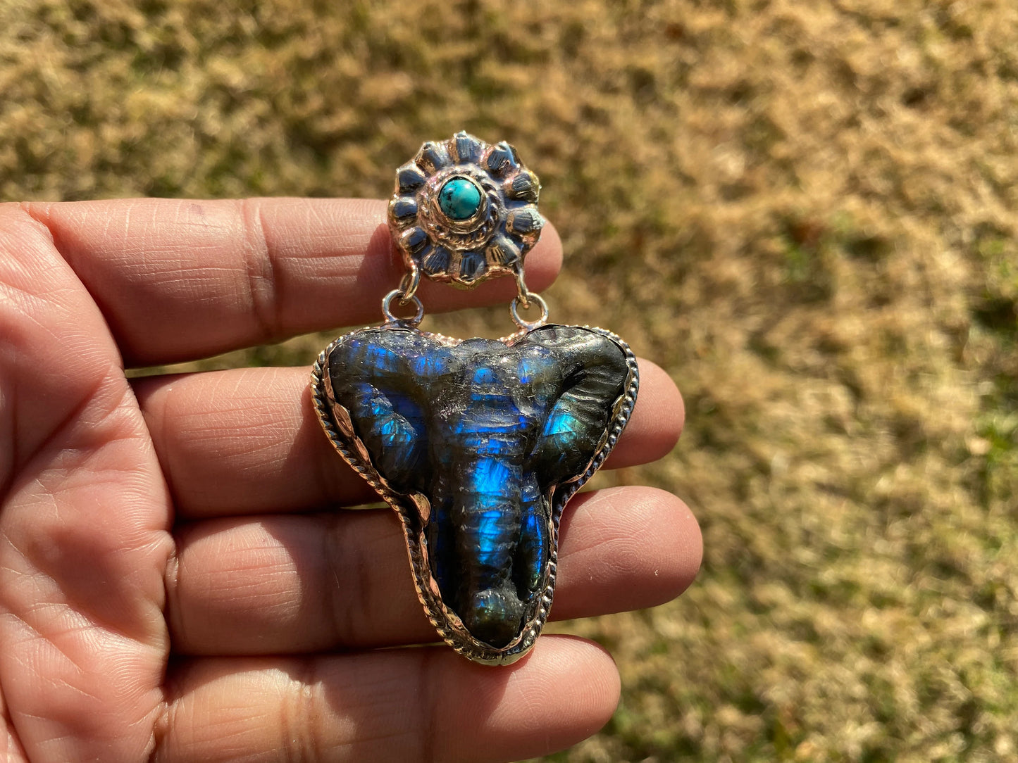 Hand Carved Elephant Head Labradorite with Turquoise Tibetan Silver Pendant, Elephant Pendant for Necklace, Blue Labradorite, Animal Pendant