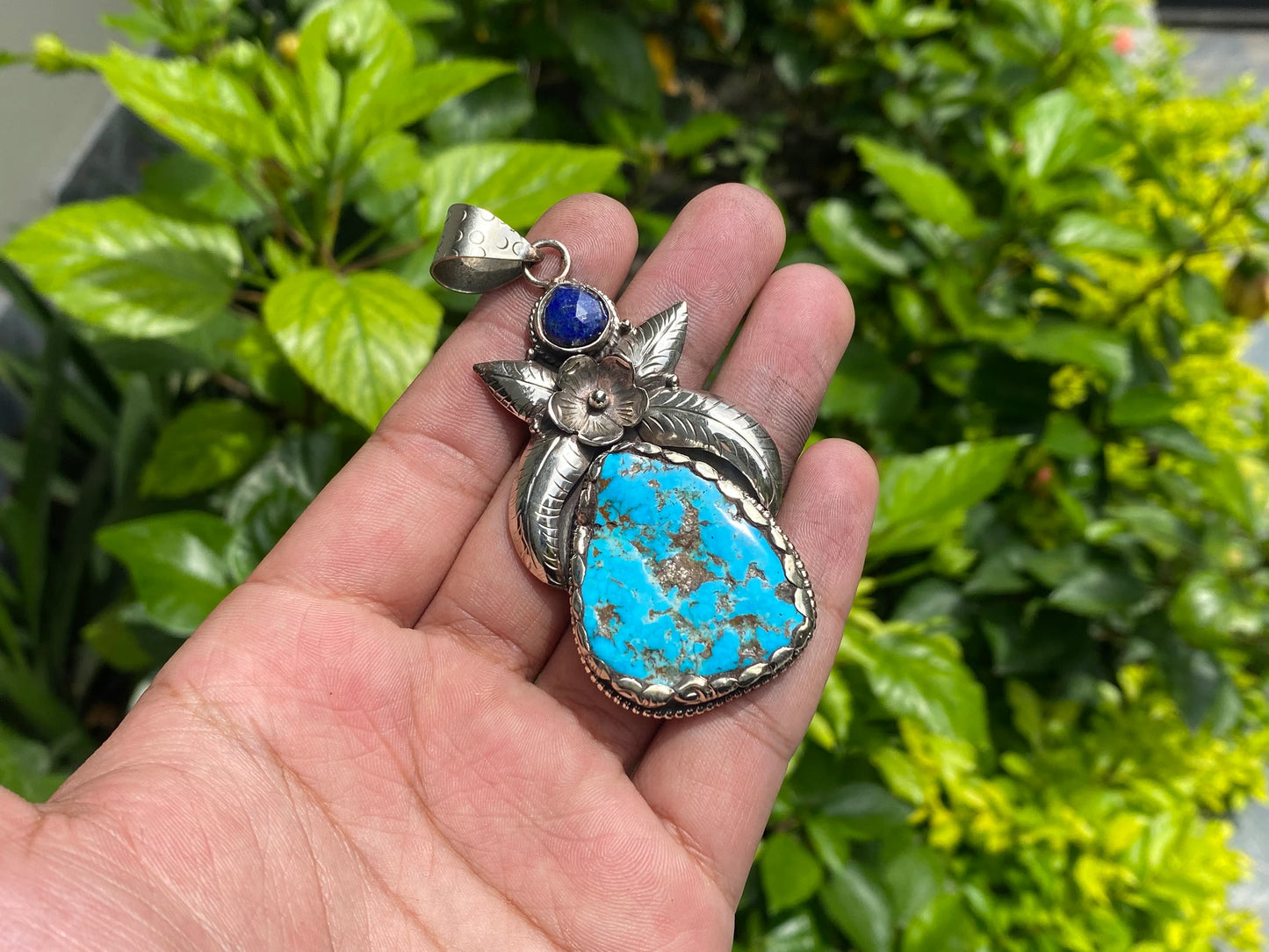 Embrace your love for Nature with our Handmade Turquoise Pendant with Raw Lapis Stone & Tibetan Silver, Unisex Pendant, Daily wear piece.