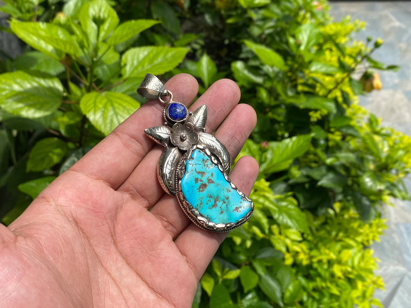 Embrace your love for Nature with our Handmade Turquoise Pendant with Raw Lapis Stone & Tibetan Silver, Unisex Pendant, Daily wear piece.
