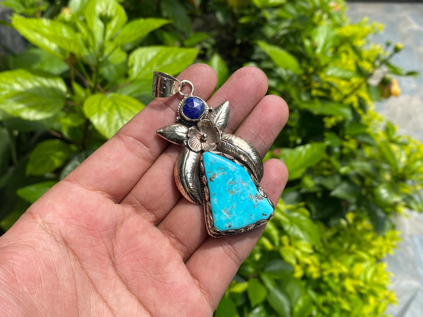 Embrace your love for Nature with our Handmade Turquoise Pendant with Raw Lapis Stone & Tibetan Silver, Unisex Pendant, Daily wear piece.