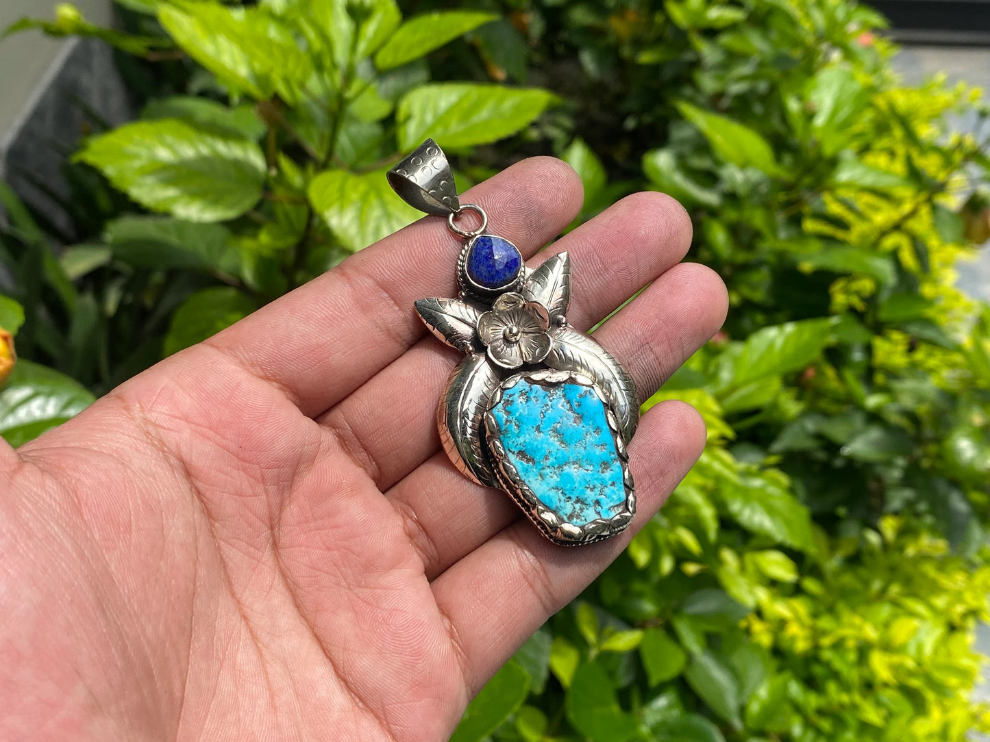 Embrace your love for Nature with our Handmade Turquoise Pendant with Raw Lapis Stone & Tibetan Silver, Unisex Pendant, Daily wear piece.