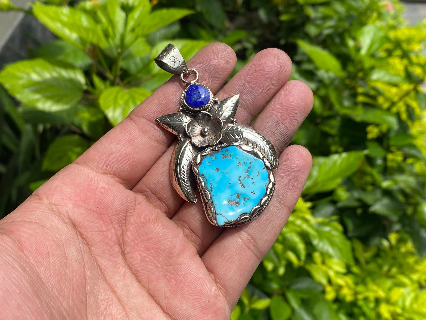 Embrace your love for Nature with our Handmade Turquoise Pendant with Raw Lapis Stone & Tibetan Silver, Unisex Pendant, Daily wear piece.