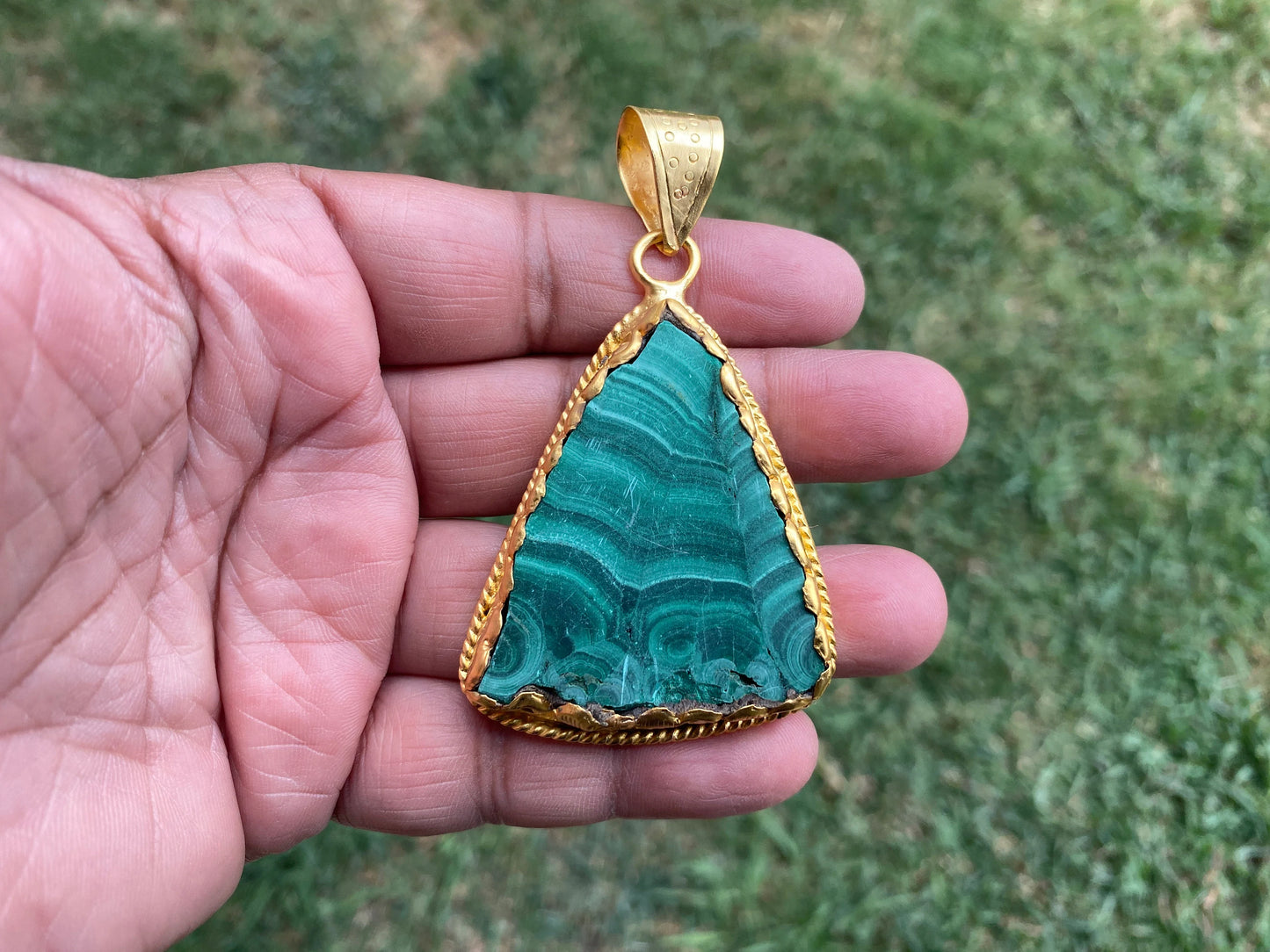 Enchanting Malachite Pendant, Brushed Gold Overlay, Earthy Elegance, Green Gemstone, Nature-Inspired, Healing Stone, Gem of Transformation