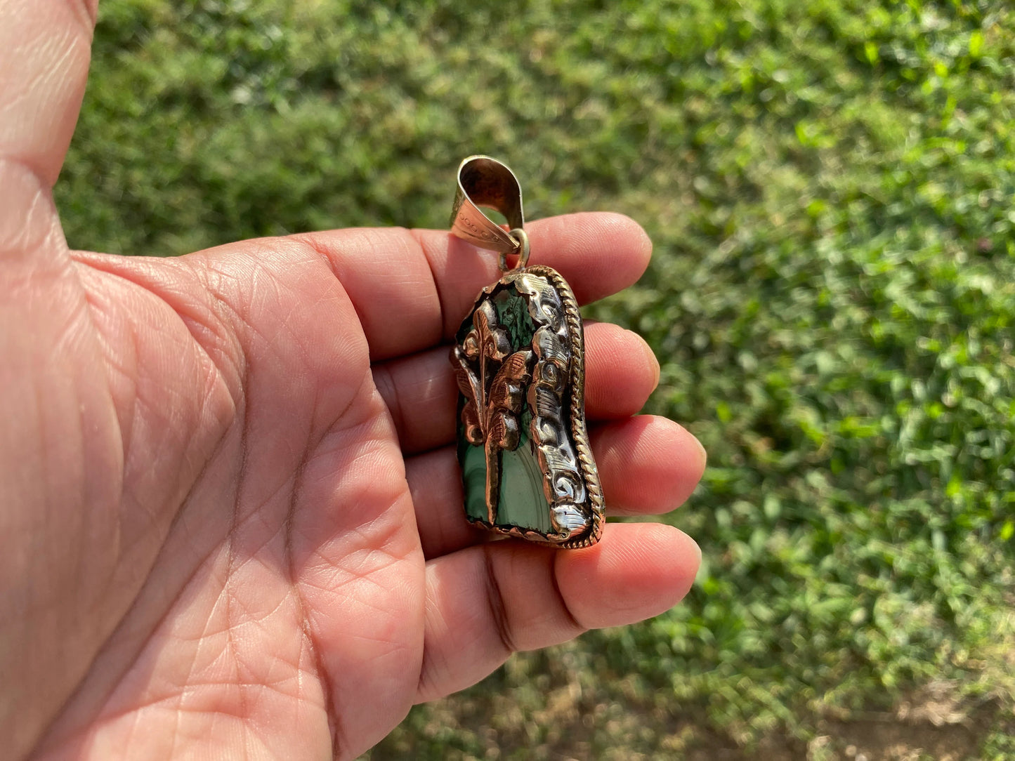 Raw Malachite Natural Stone Tibetan Silver Pendant, Ethnic Jewelry, Energy Stone Pendant, Birthstone, Healing Crystal, Freeform Stone