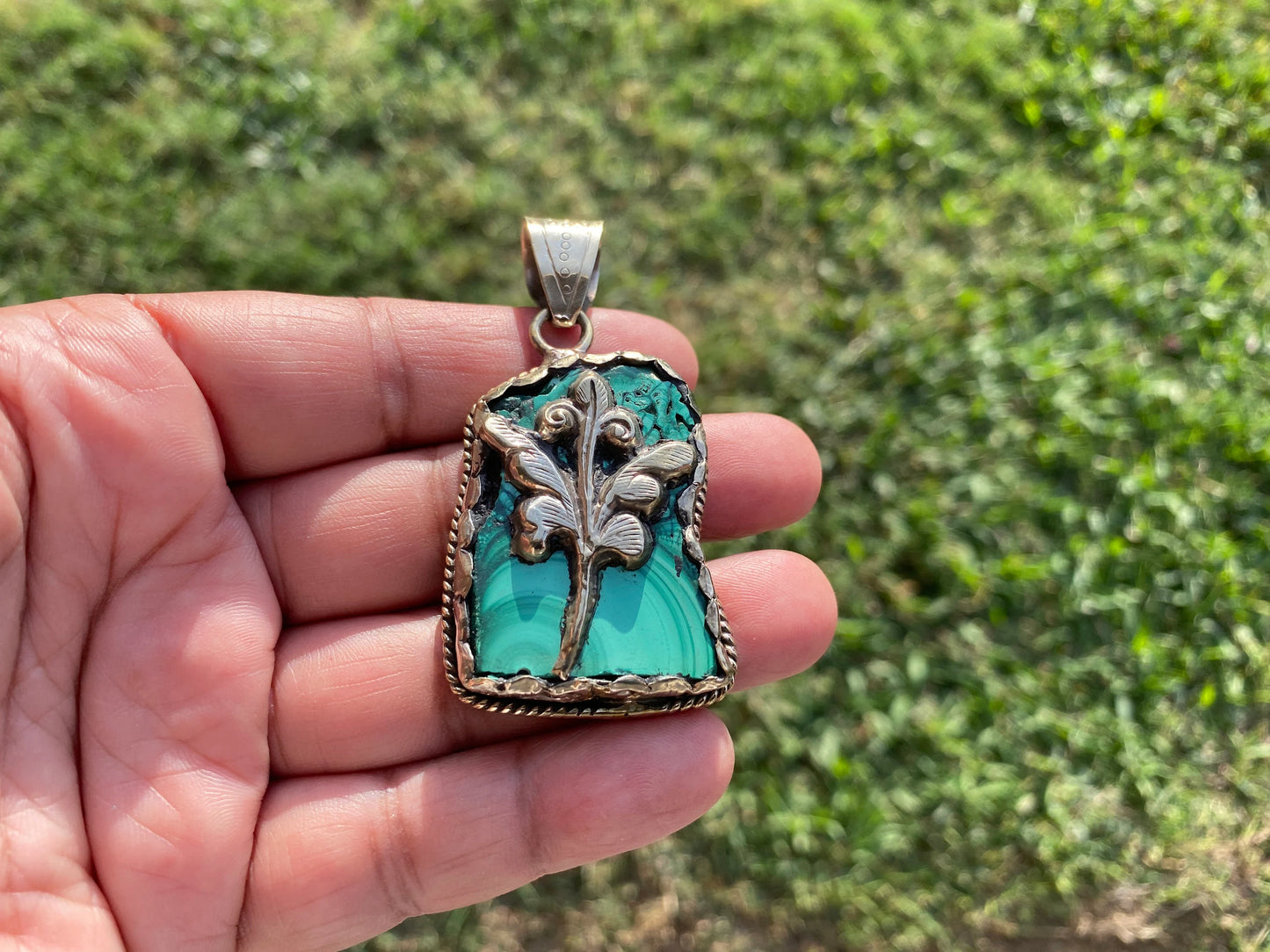 Raw Malachite Natural Stone Tibetan Silver Pendant, Ethnic Jewelry, Energy Stone Pendant, Birthstone, Healing Crystal, Freeform Stone