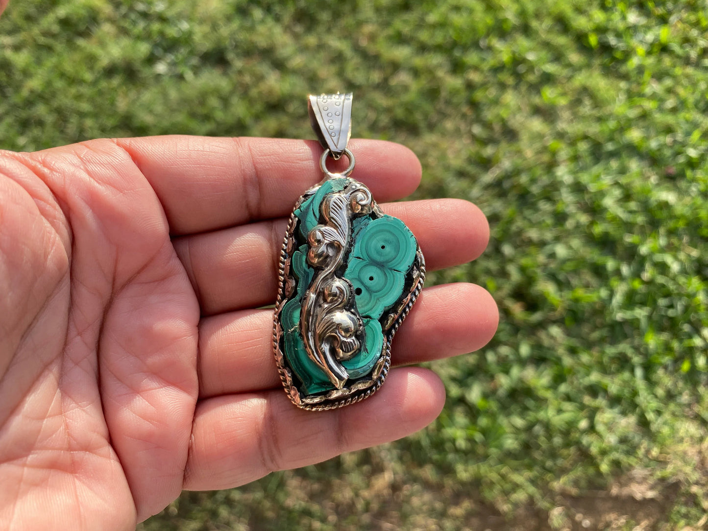 Raw Malachite Natural Stone Tibetan Silver Pendant, Ethnic Jewelry, Energy Stone Pendant, Birthstone, Healing Crystal, Freeform Stone