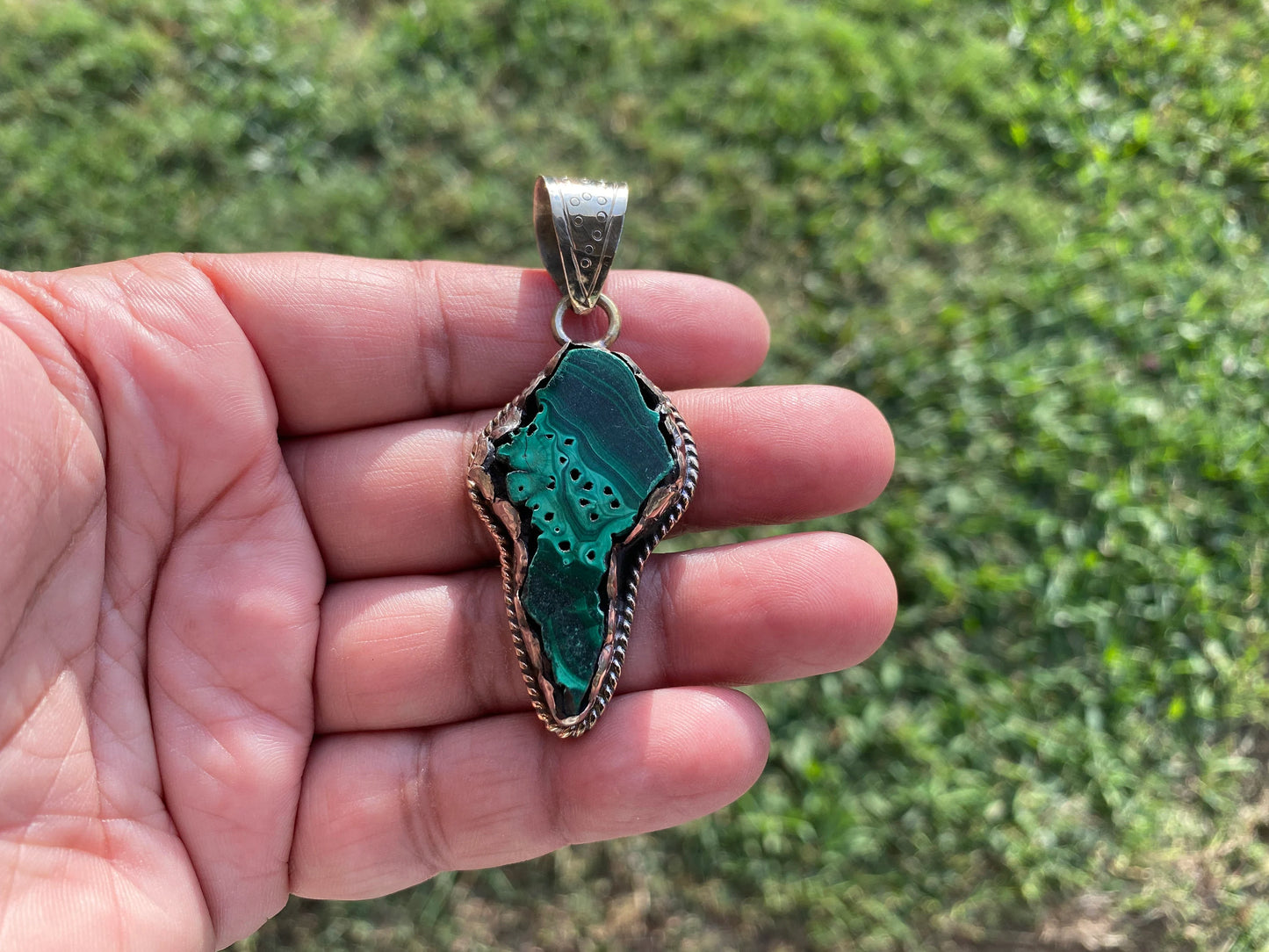 Raw Malachite Natural Stone Tibetan Silver Pendant, Ethnic Jewelry, Energy Stone Pendant, Birthstone, Healing Crystal, Freeform Stone