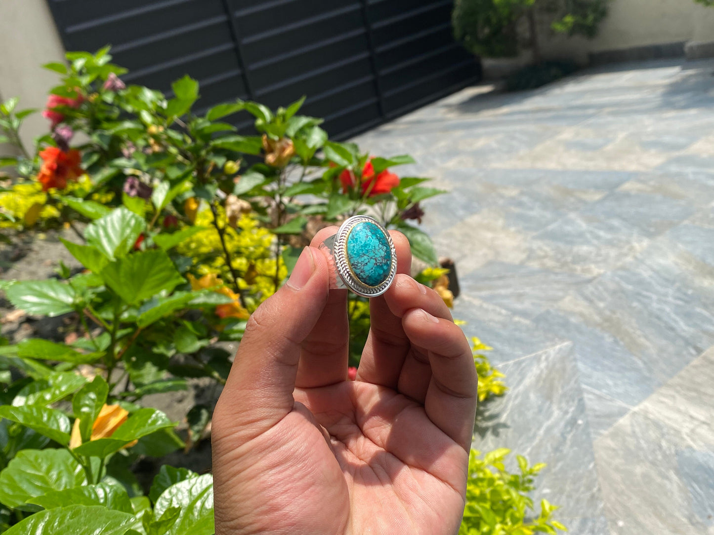 Ethereal Elegance: Oval Natural Turquoise Adjustable Ring, Aesthetic Ring, Hippie fashion.