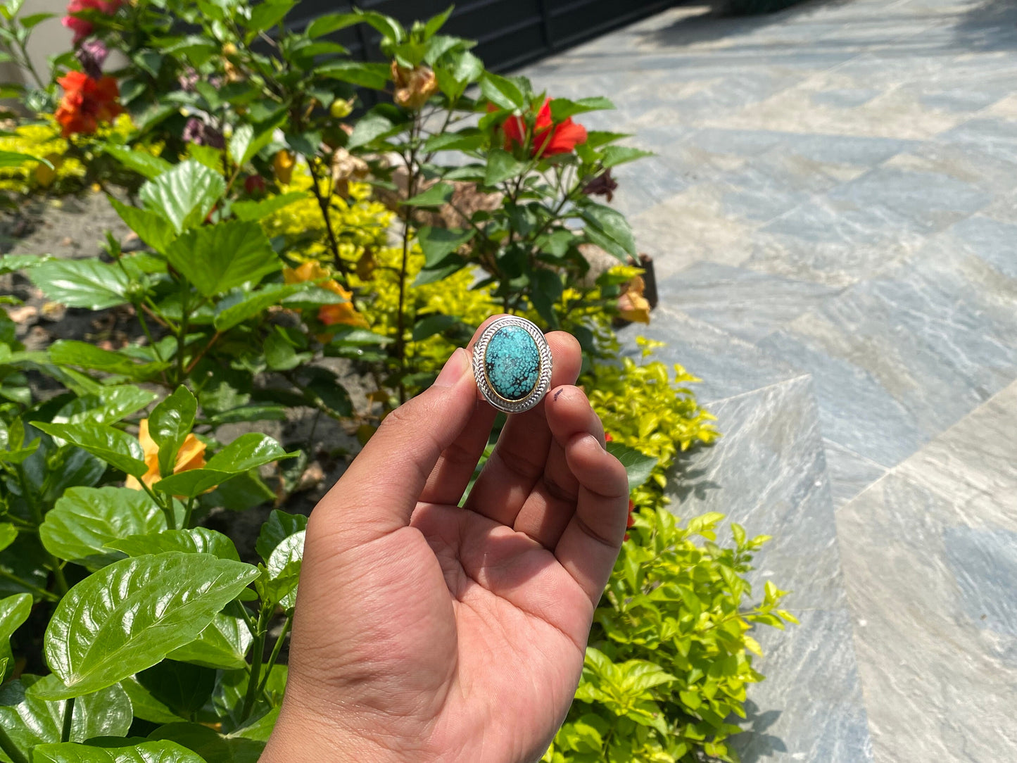 Ethereal Elegance: Oval Natural Turquoise Adjustable Ring, Aesthetic Ring, Hippie fashion.