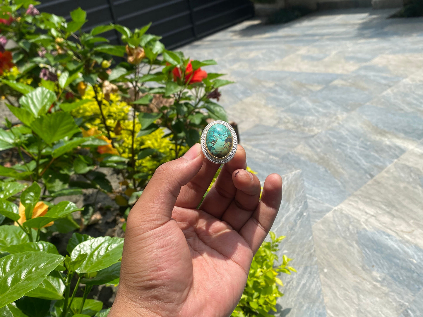 Ethereal Elegance: Oval Natural Turquoise Adjustable Ring, Aesthetic Ring, Hippie fashion.