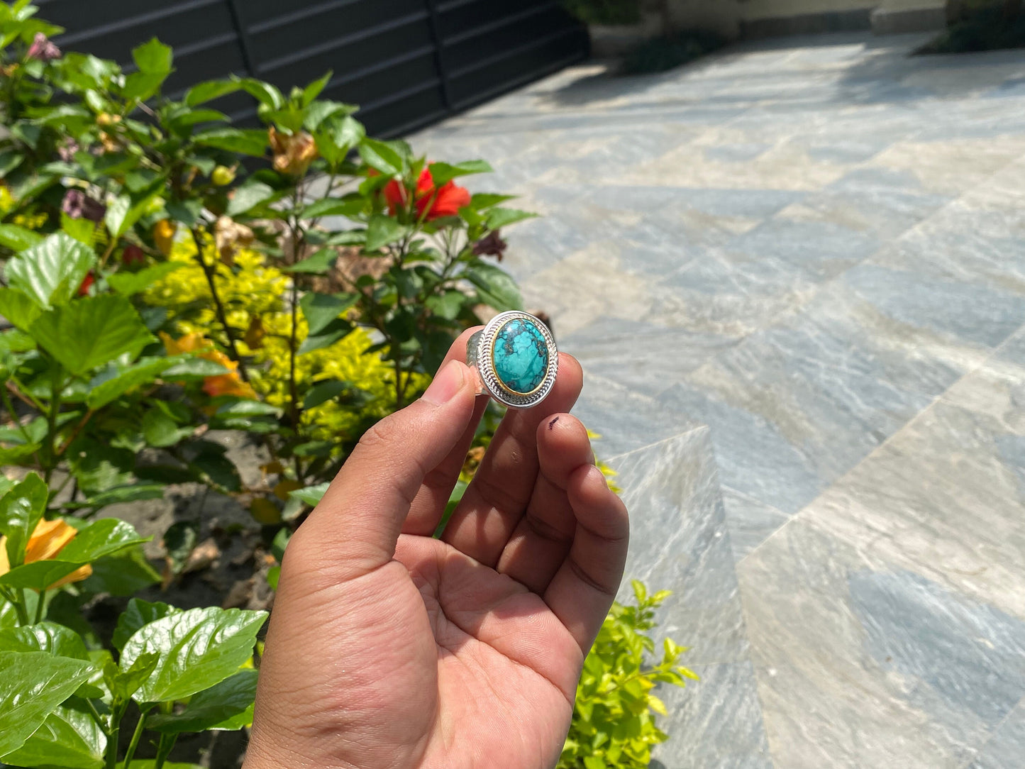 Ethereal Elegance: Oval Natural Turquoise Adjustable Ring, Aesthetic Ring, Hippie fashion.