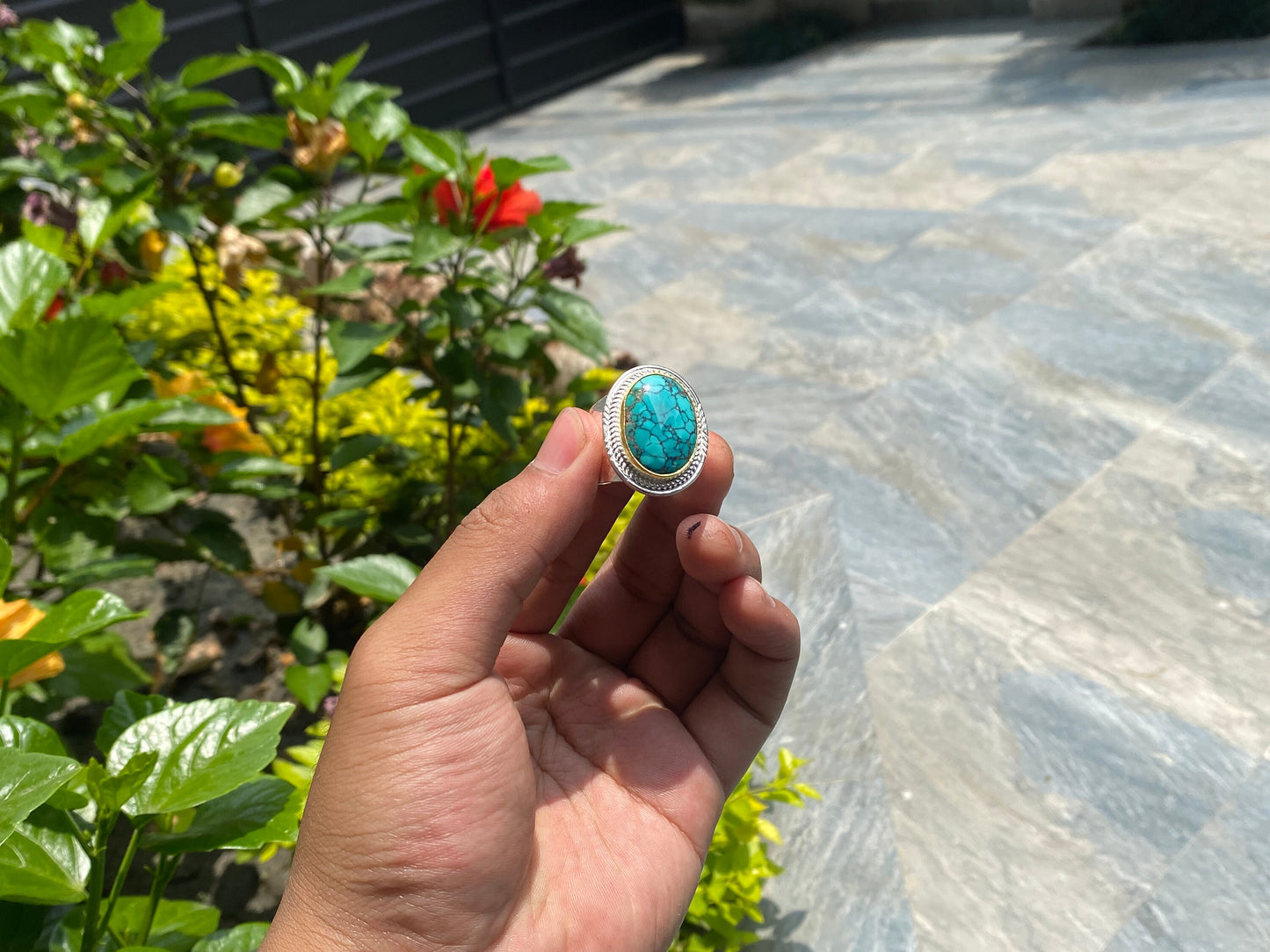 Ethereal Elegance: Oval Natural Turquoise Adjustable Ring, Aesthetic Ring, Hippie fashion.