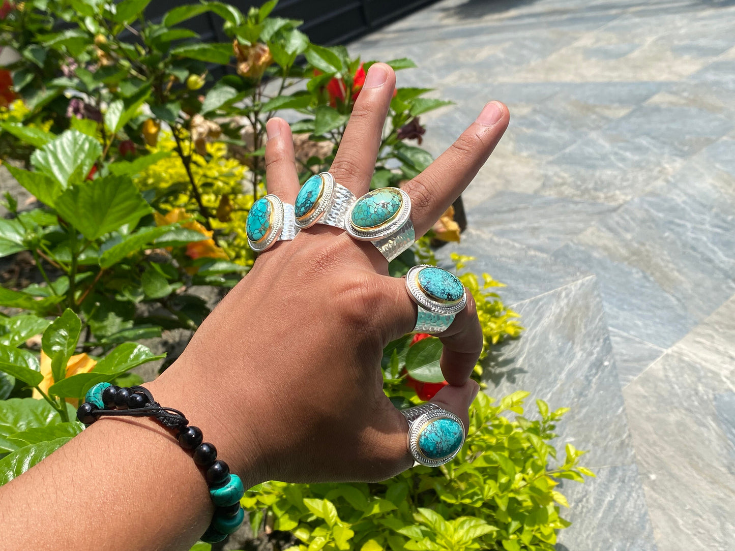Ethereal Elegance: Oval Natural Turquoise Adjustable Ring, Aesthetic Ring, Hippie fashion.
