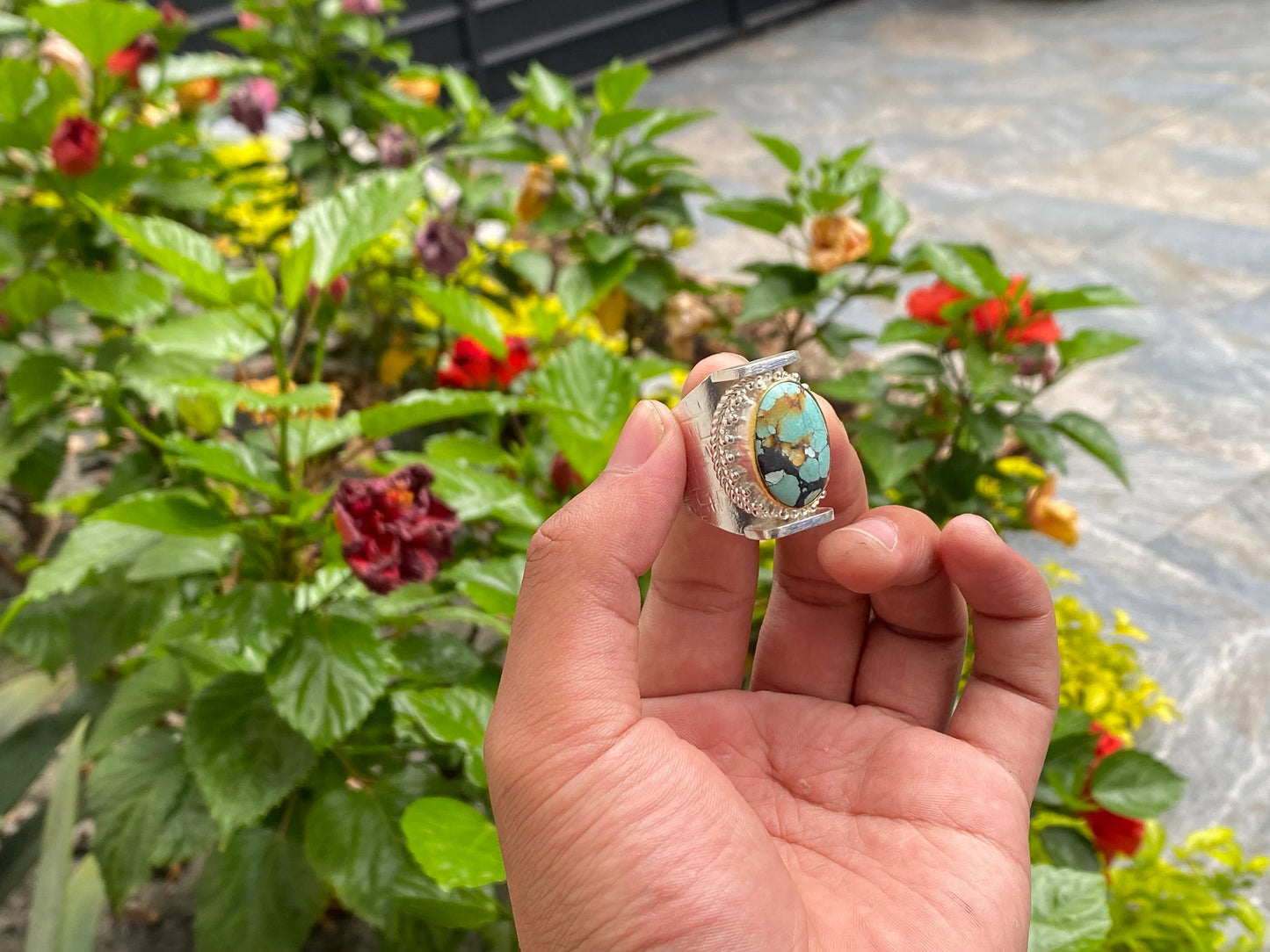 Ethnic Charm: Nepali Turquoise adorned Two-Tone Ring, Handcrafted Ring, Gift ideas.