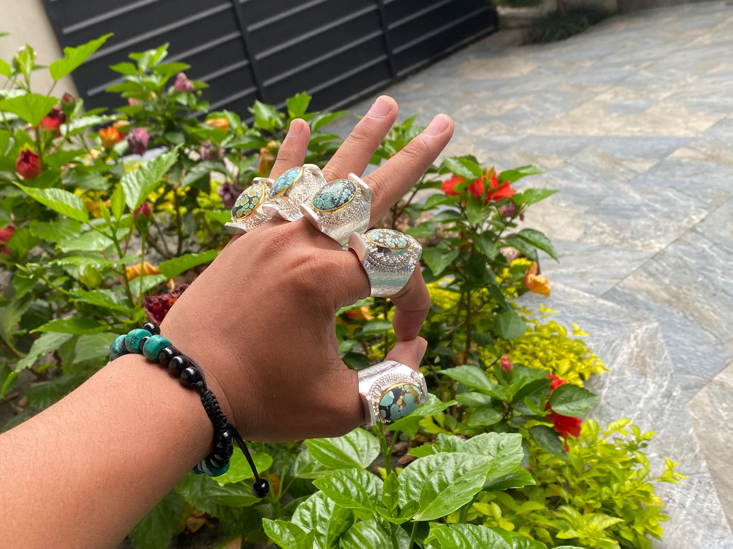 Ethnic Charm: Nepali Turquoise adorned Two-Tone Ring, Handcrafted Ring, Gift ideas.