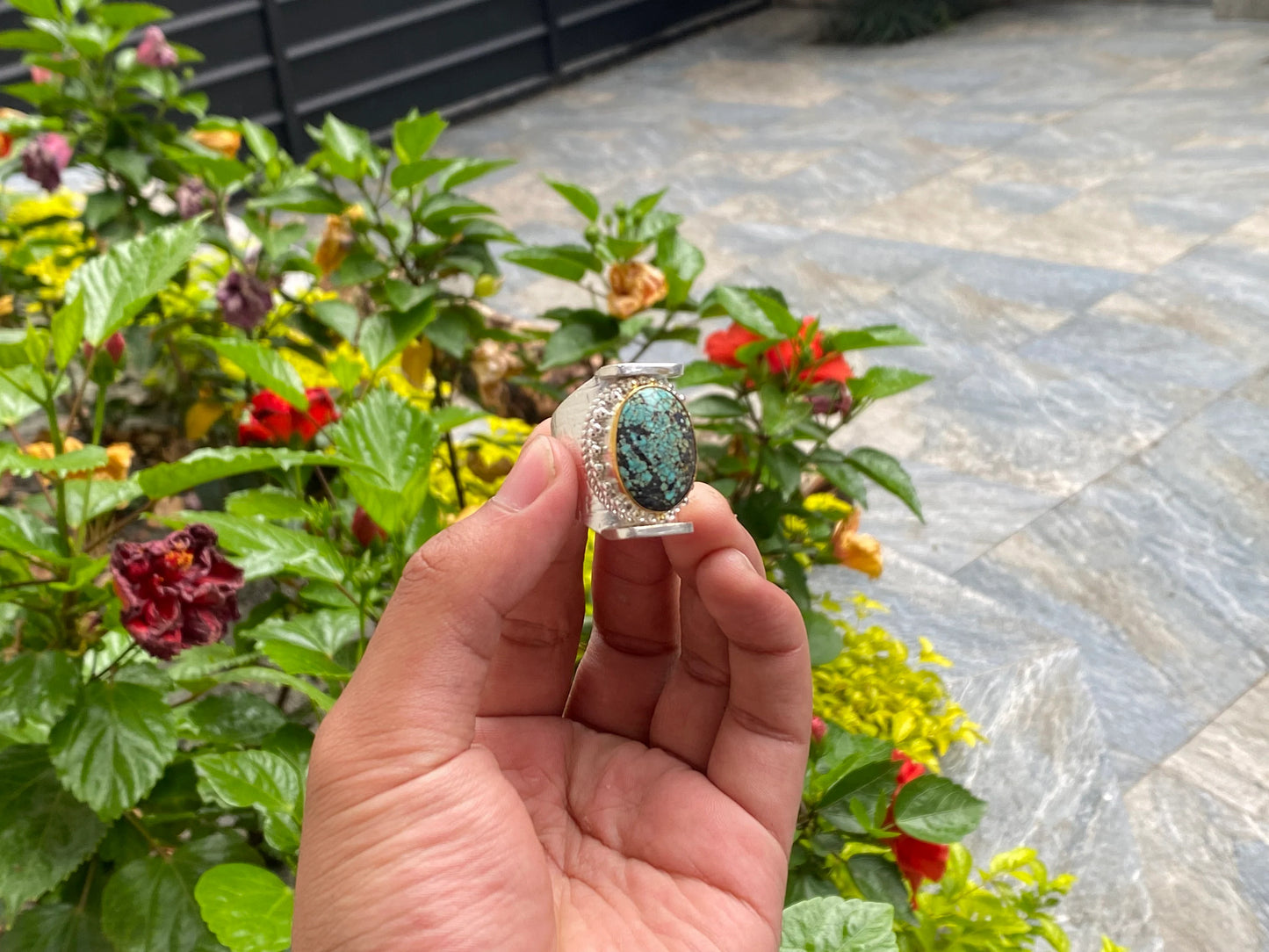 Ethnic Charm: Nepali Turquoise adorned Two-Tone Ring, Handcrafted Ring, Gift ideas.