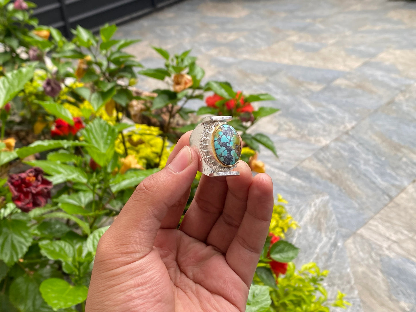 Ethnic Charm: Nepali Turquoise adorned Two-Tone Ring, Handcrafted Ring, Gift ideas.