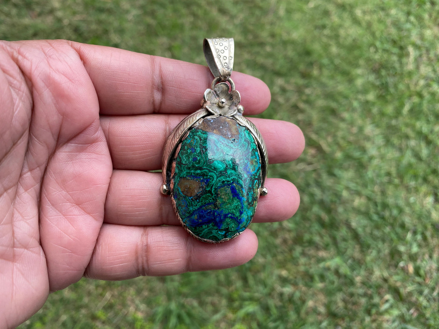 Rare Natural Stone Azurite with Malachite Tibetan Silver Pendant, Ethnic Inspired Jewelry, Earthy Jewelry, Metaphysical Stone, Boho Necklace