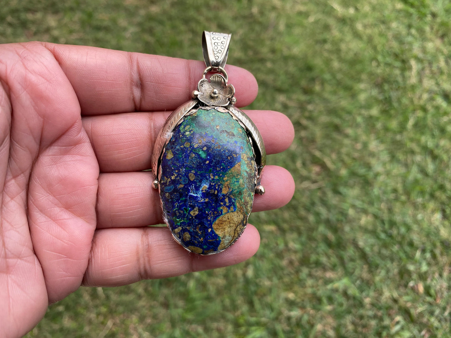 Rare Natural Stone Azurite with Malachite Tibetan Silver Pendant, Ethnic Inspired Jewelry, Earthy Jewelry, Metaphysical Stone, Boho Necklace
