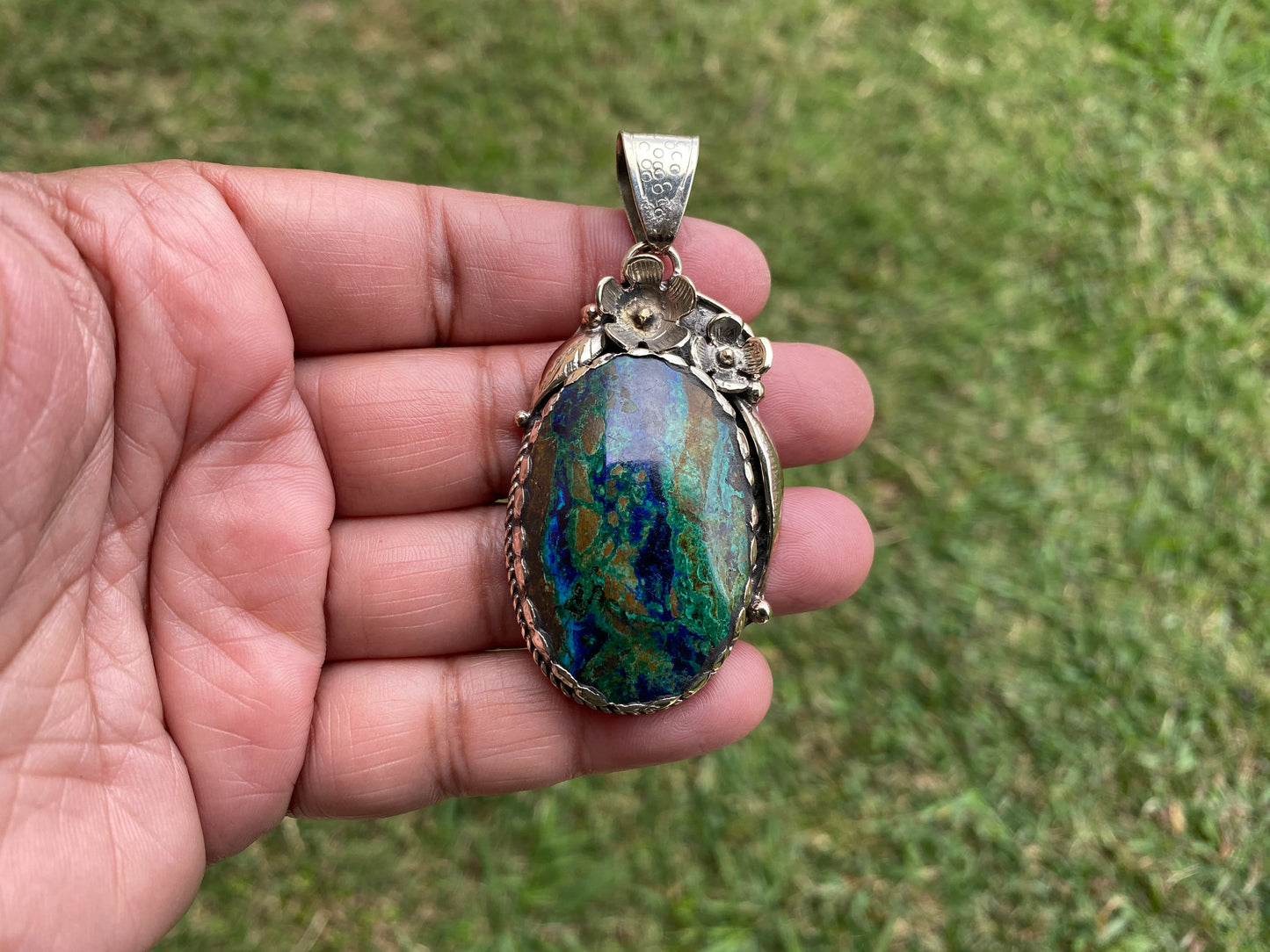 Rare Natural Stone Azurite with Malachite Tibetan Silver Pendant, Ethnic Inspired Jewelry, Earthy Jewelry, Metaphysical Stone, Boho Necklace