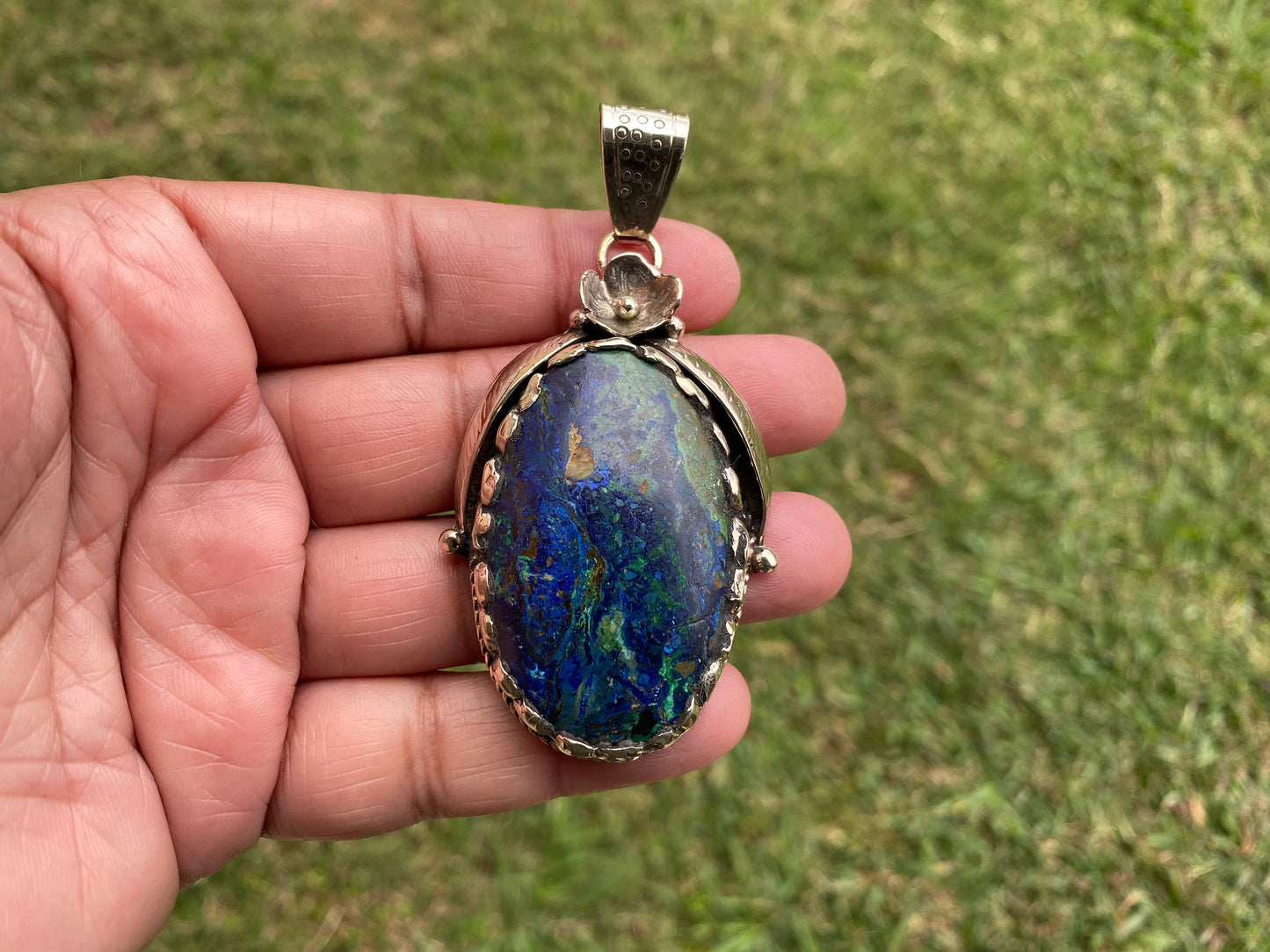 Rare Natural Stone Azurite with Malachite Tibetan Silver Pendant, Ethnic Inspired Jewelry, Earthy Jewelry, Metaphysical Stone, Boho Necklace