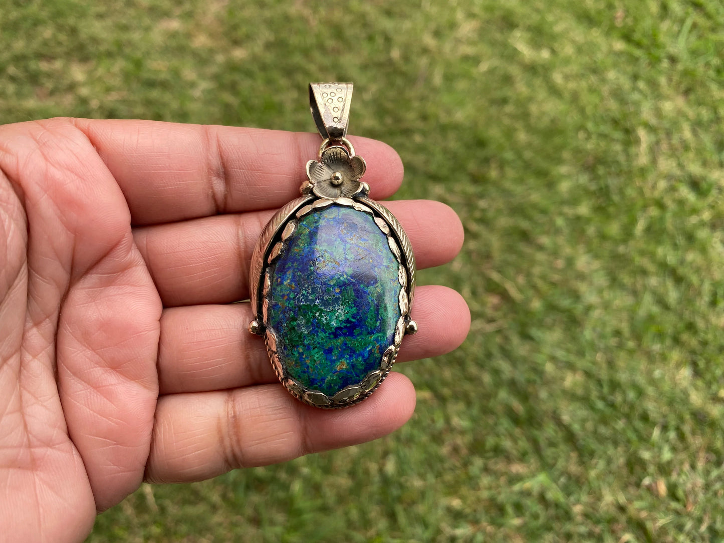Rare Natural Stone Azurite with Malachite Tibetan Silver Pendant, Ethnic Inspired Jewelry, Earthy Jewelry, Metaphysical Stone, Boho Necklace