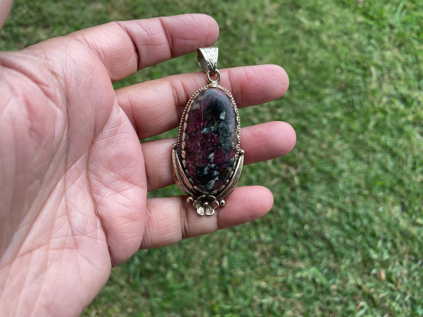 Eudialyte Natural Stone Tibetan Silver Pendant, Unique Gemstone Pendant, Cosmic Energy Stone, Metaphysical Gemstone, Nature-Inspired Pendant